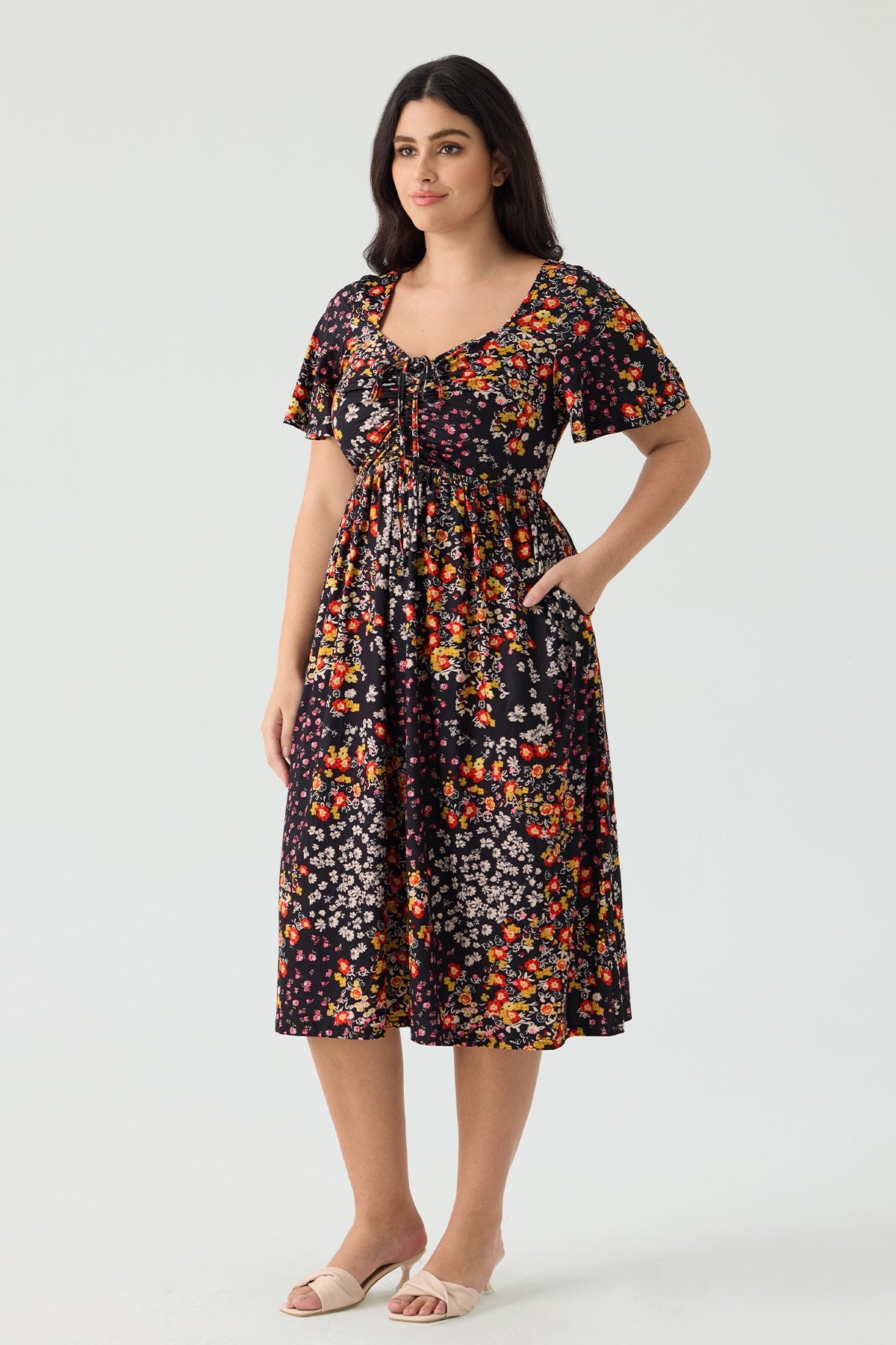 Ritera Pockets Drawstring Sweetheart Floral A-line Midi Dress