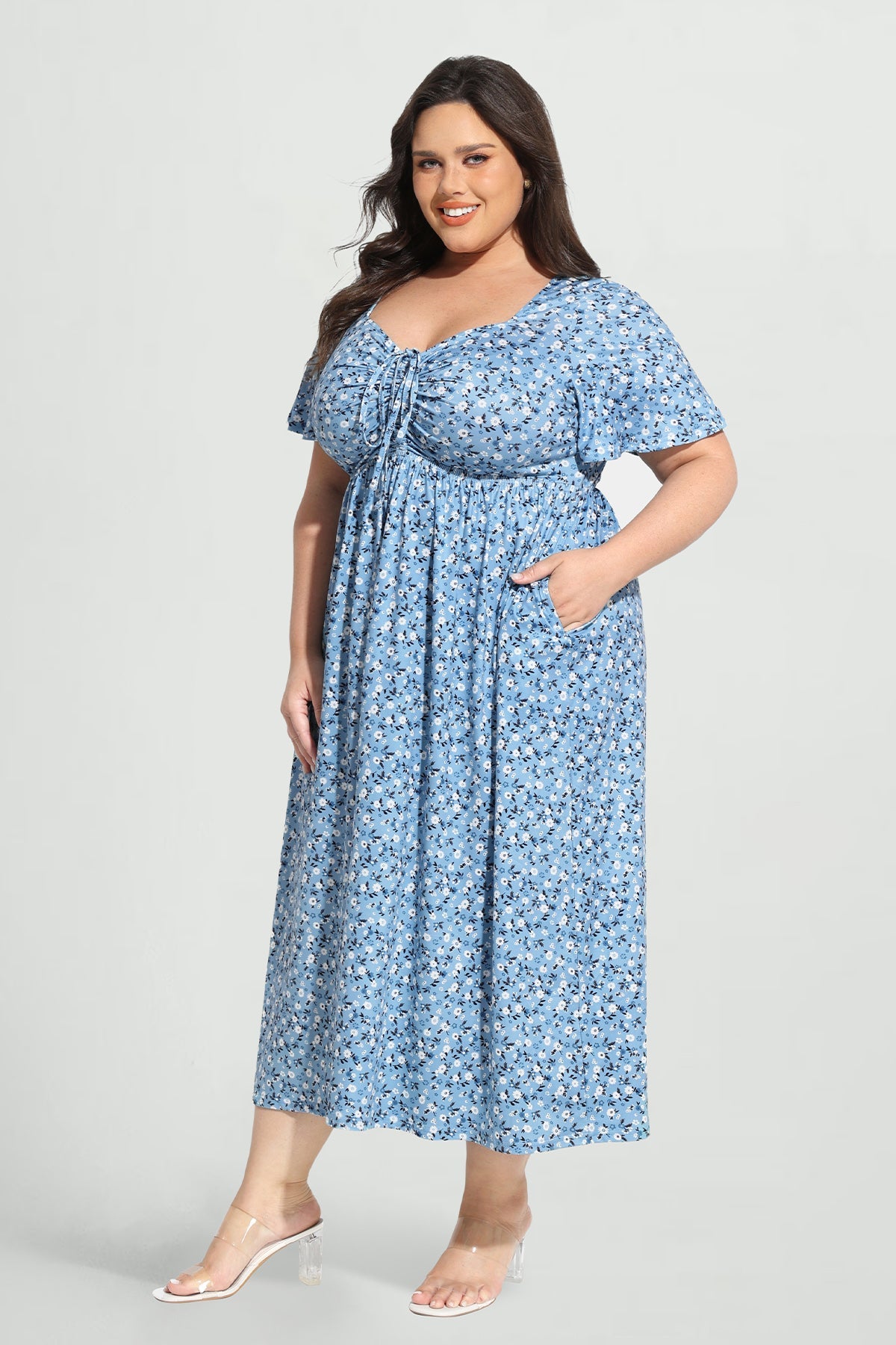 Ritera Pockets Drawstring Sweetheart Floral A-line Midi Dress