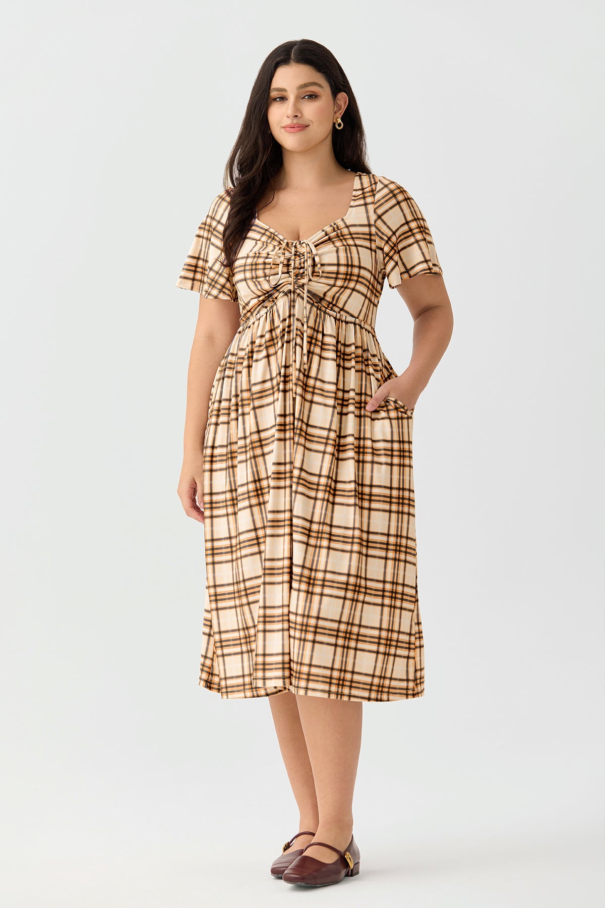 Ritera Pockets Drawstring Sweetheart Floral A-line Midi Dress