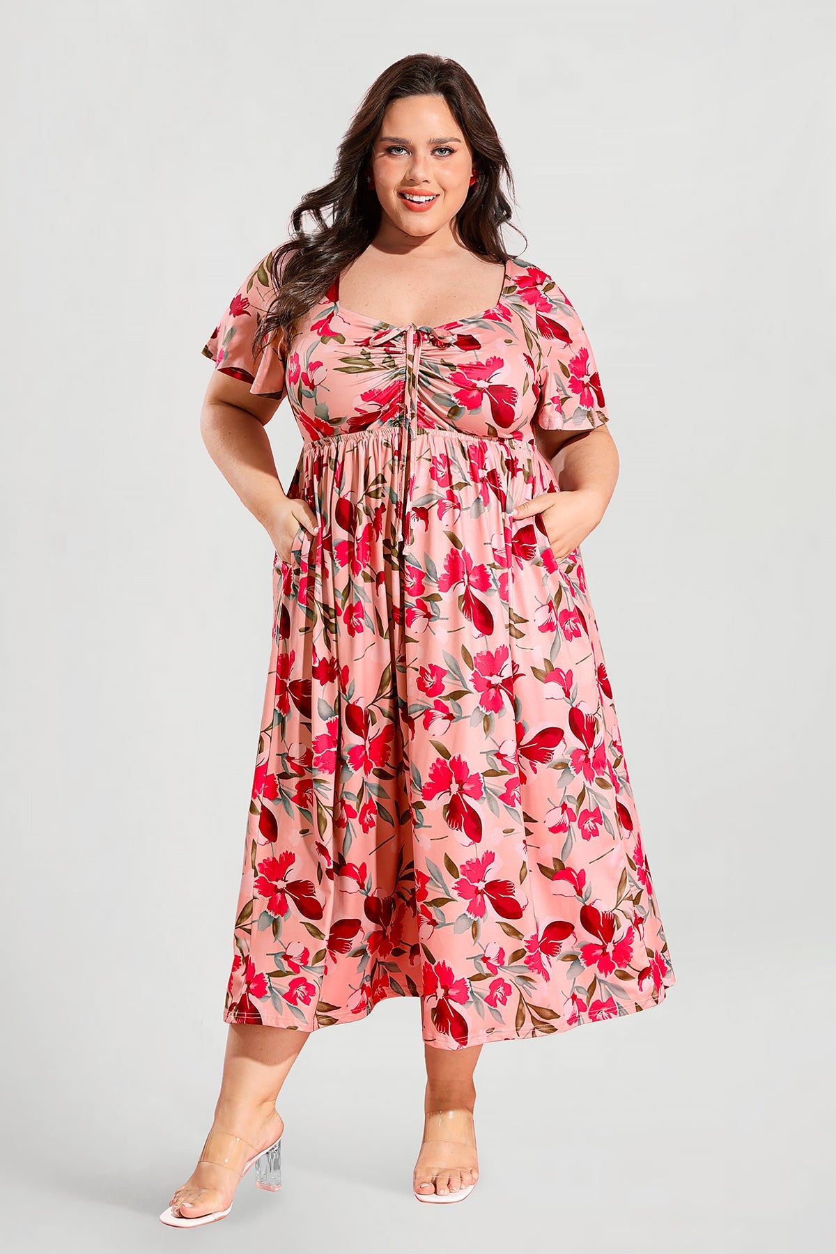 Ritera Pockets Drawstring Sweetheart Floral A-line Midi Dress