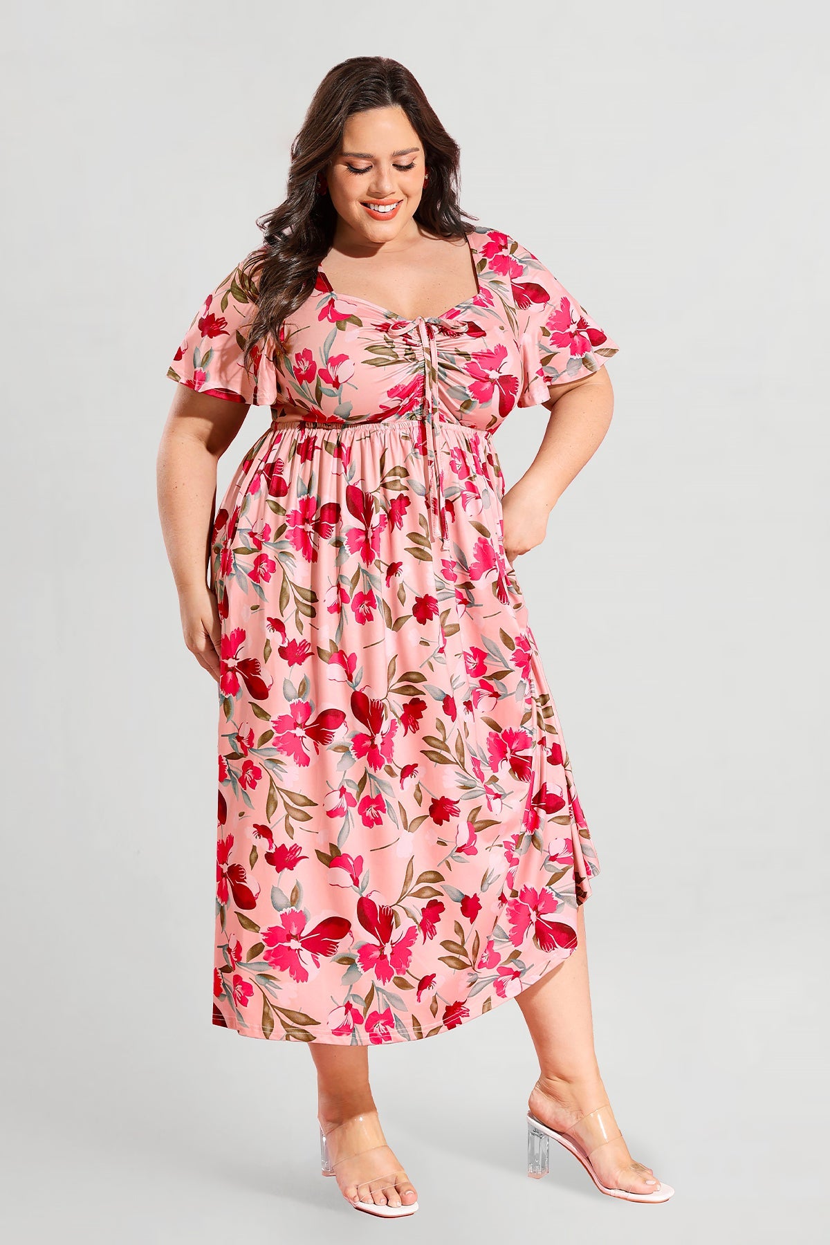 Ritera Pockets Drawstring Sweetheart Floral A-line Midi Dress