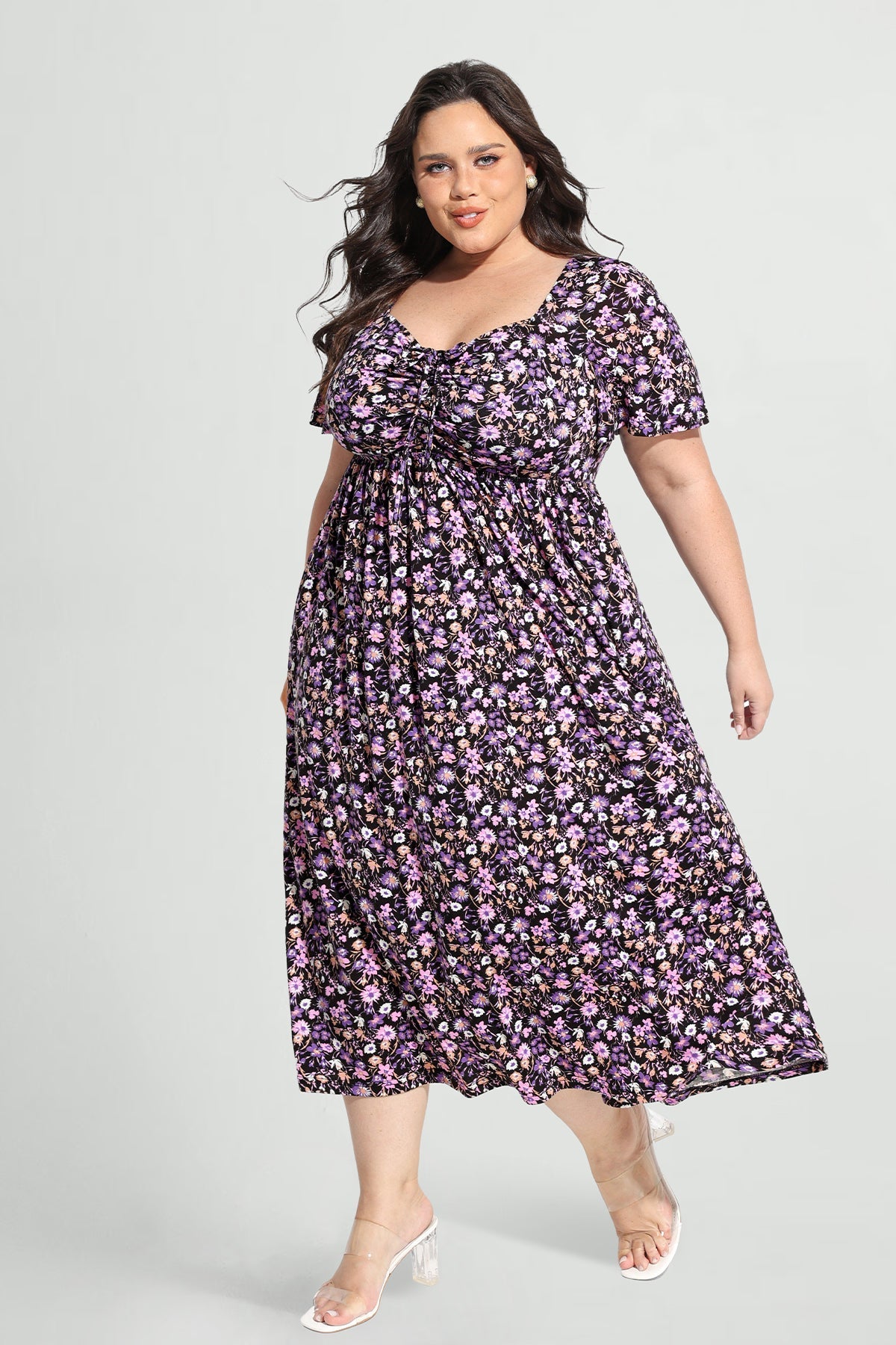 Ritera Pockets Drawstring Sweetheart Floral A-line Midi Dress