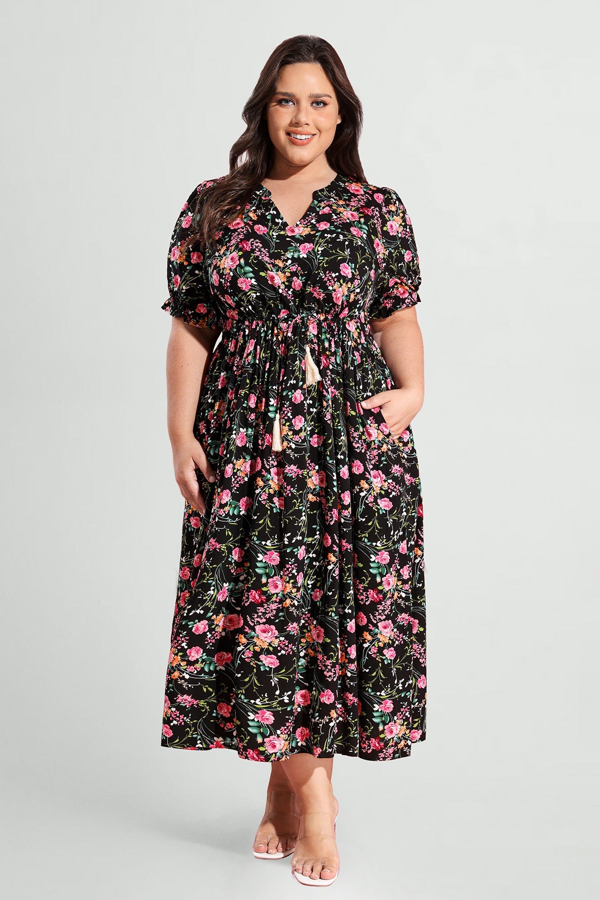 Pockets Elastic Waist Boho Midi Dress