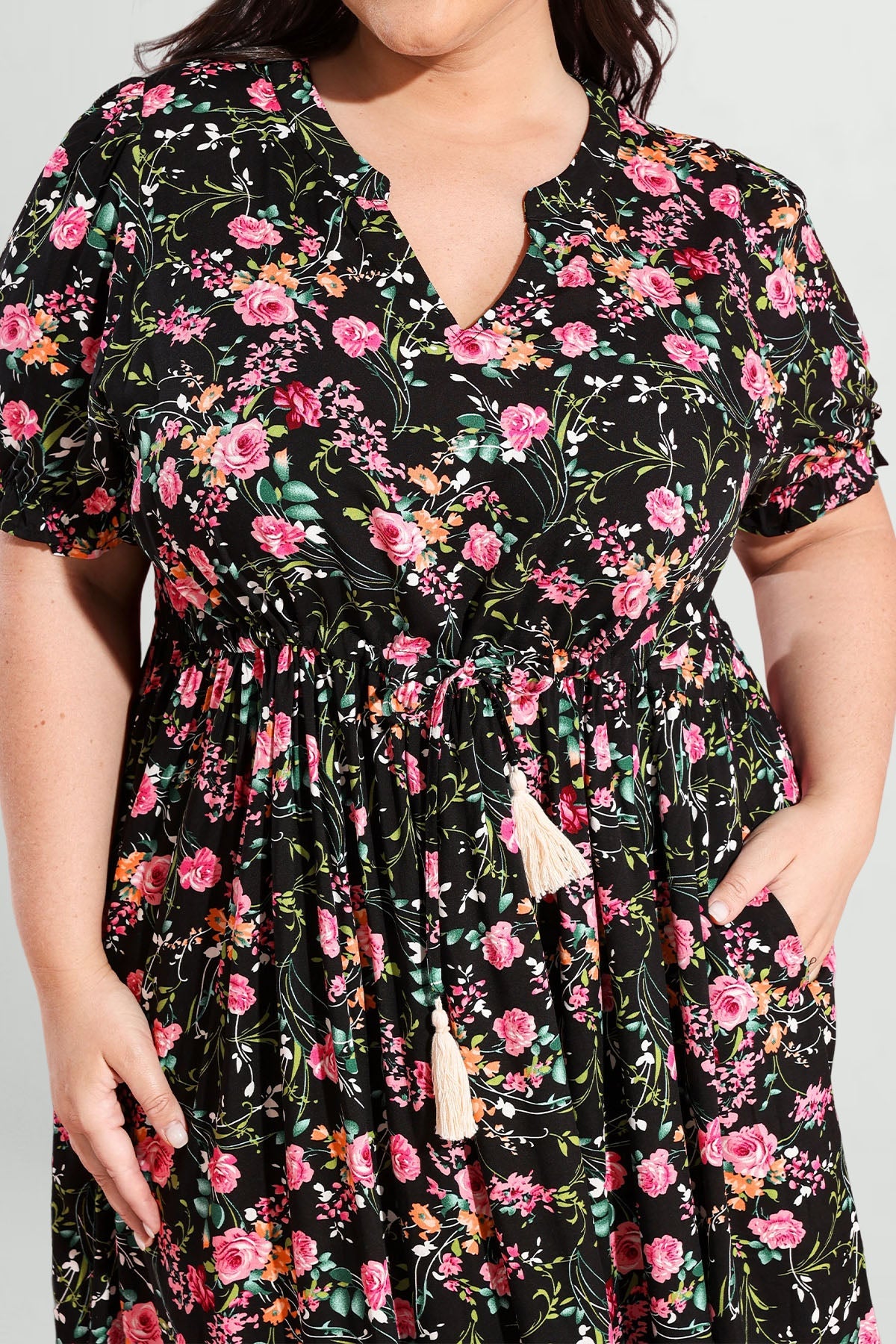 Pockets Elastic Waist Boho Midi Dress