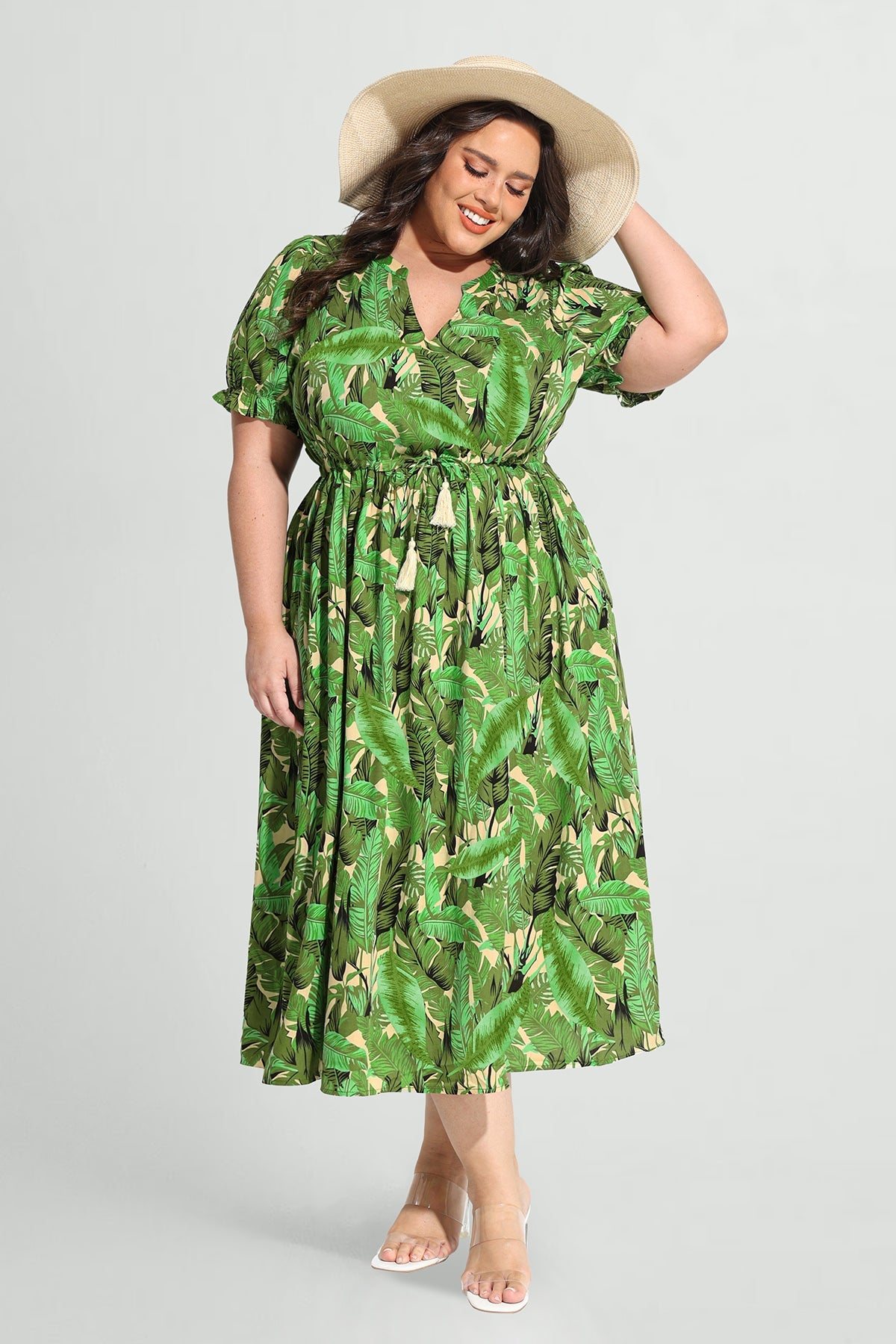 Pockets Elastic Waist Boho Midi Dress