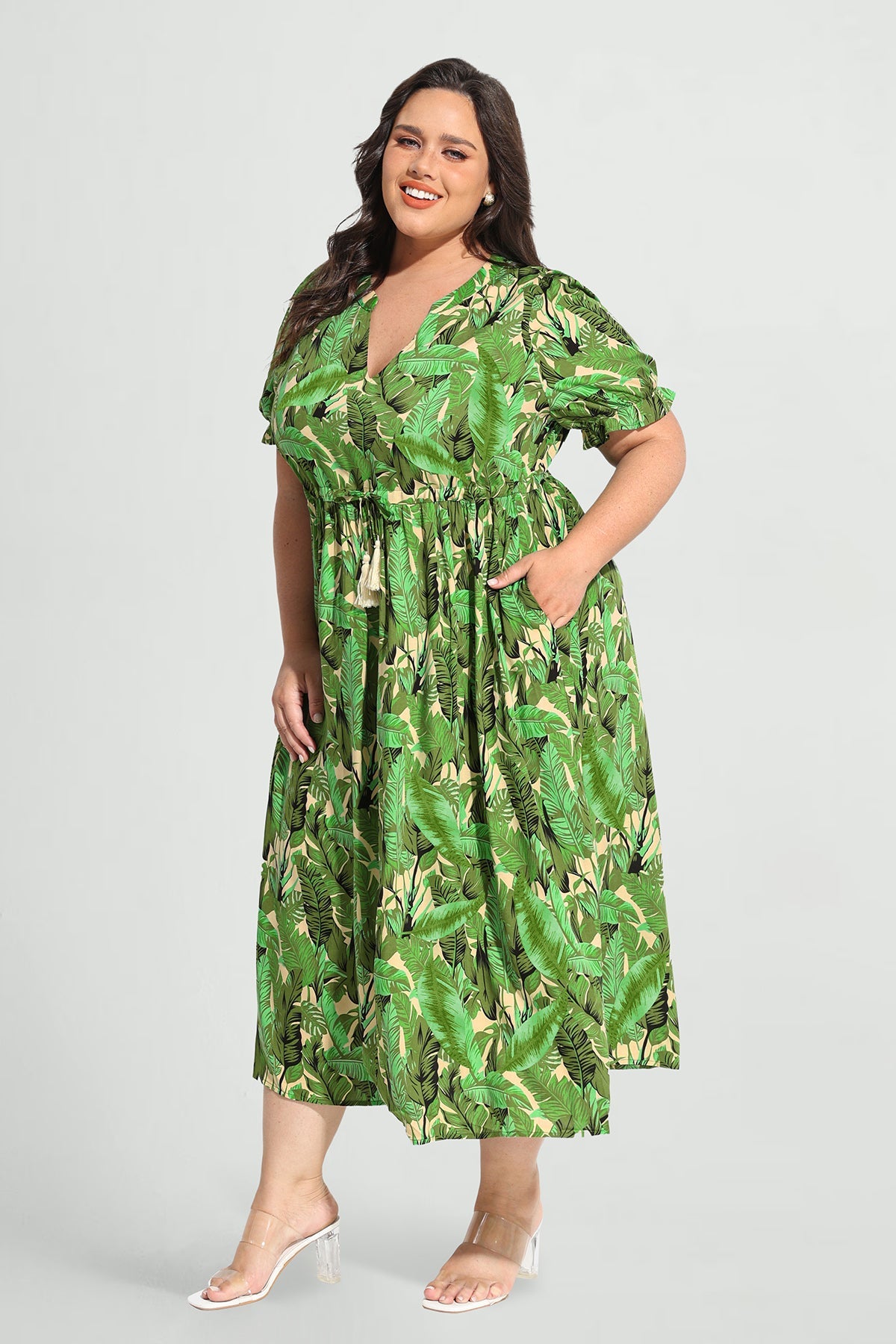 Pockets Elastic Waist Boho Midi Dress