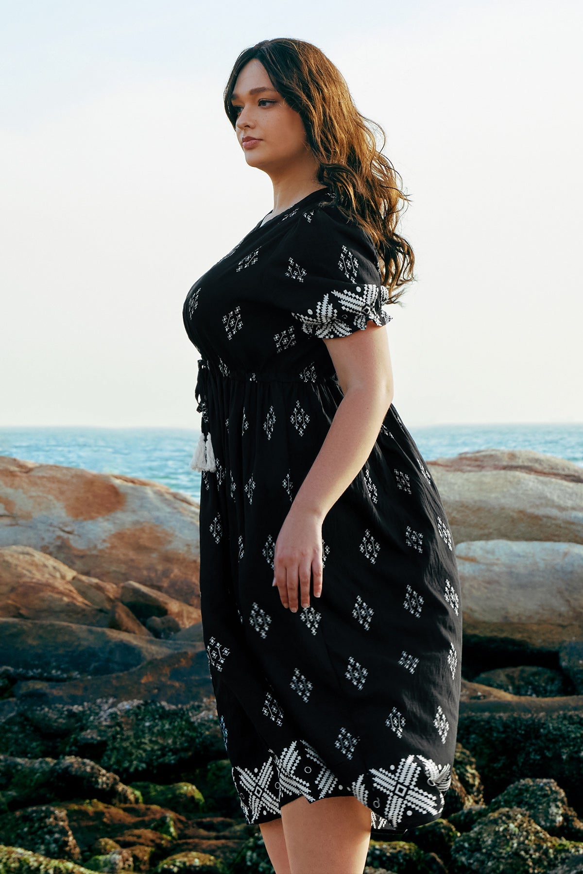 Pockets Elastic Waist Boho Midi Dress