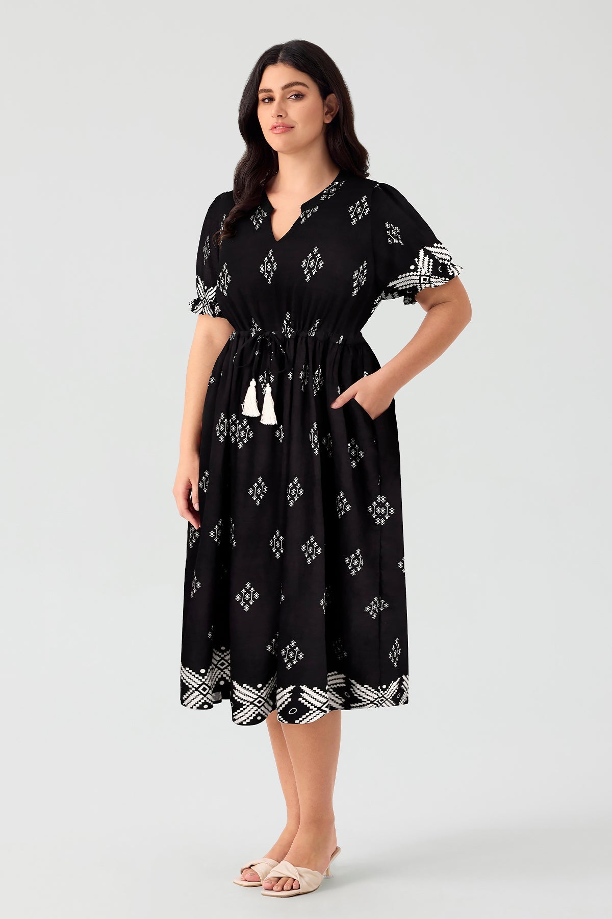 Pockets Elastic Waist Boho Midi Dress