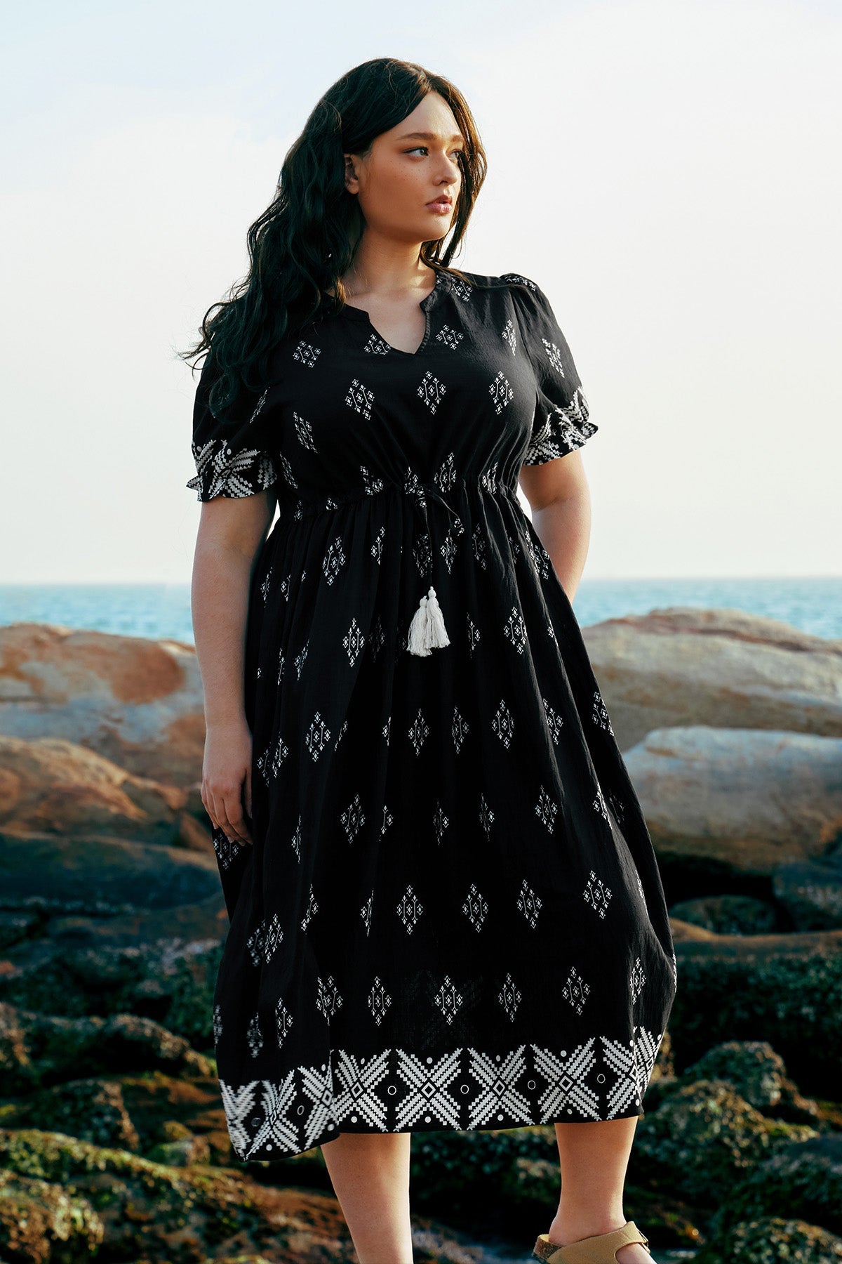 Ritera Pockets Boho Drawstring Tassel Waist A-line Midi Dress