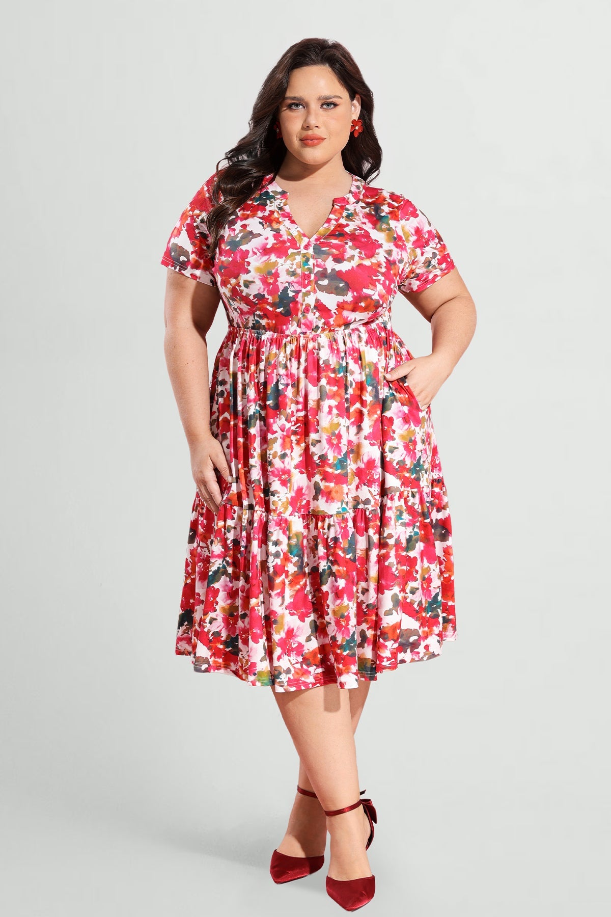 Ritera Pockets Button Up Floral A-line Midi Dress