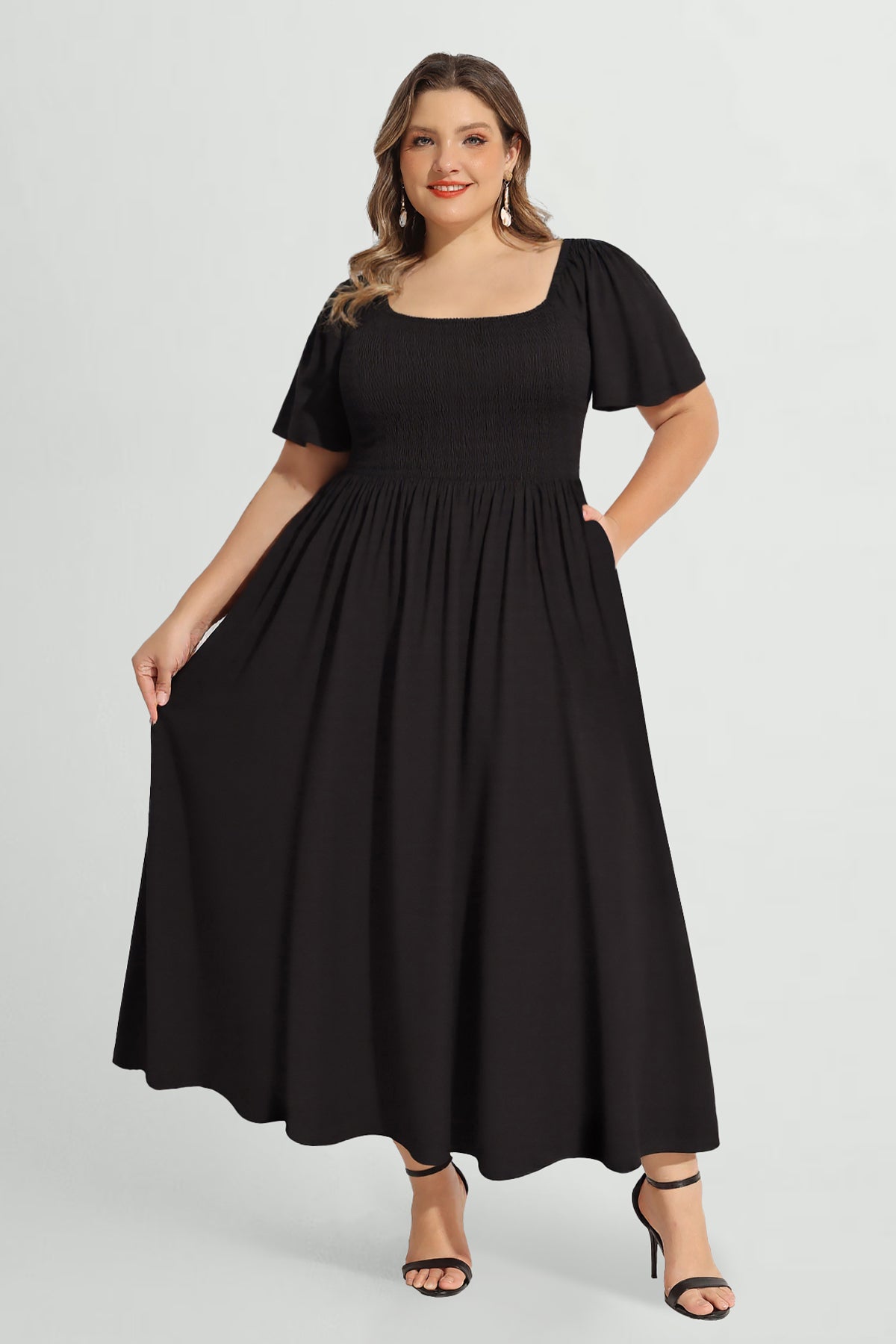 Pockets Elastic Square Neck Floral Midi Dress