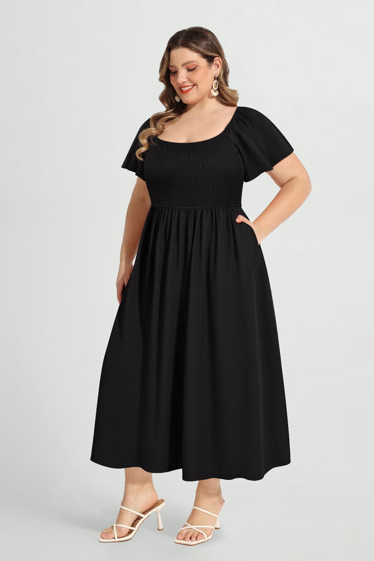 Pockets Elastic Square Neck Floral Midi Dress