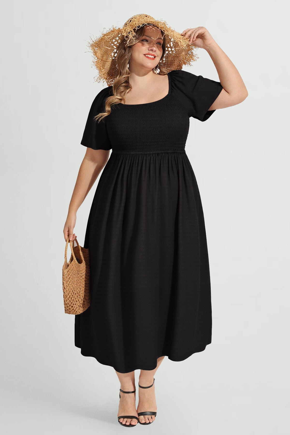 Pockets Elastic Square Neck Floral Midi Dress