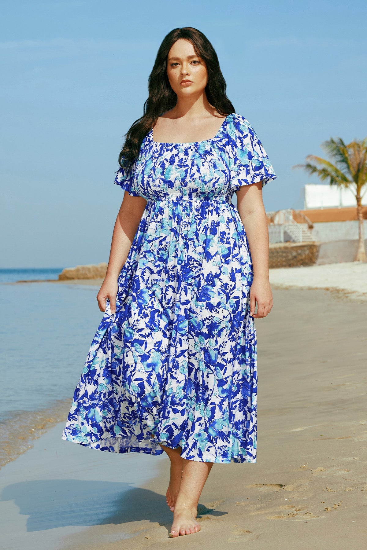 Pockets Elastic Square Neck Floral Midi Dress