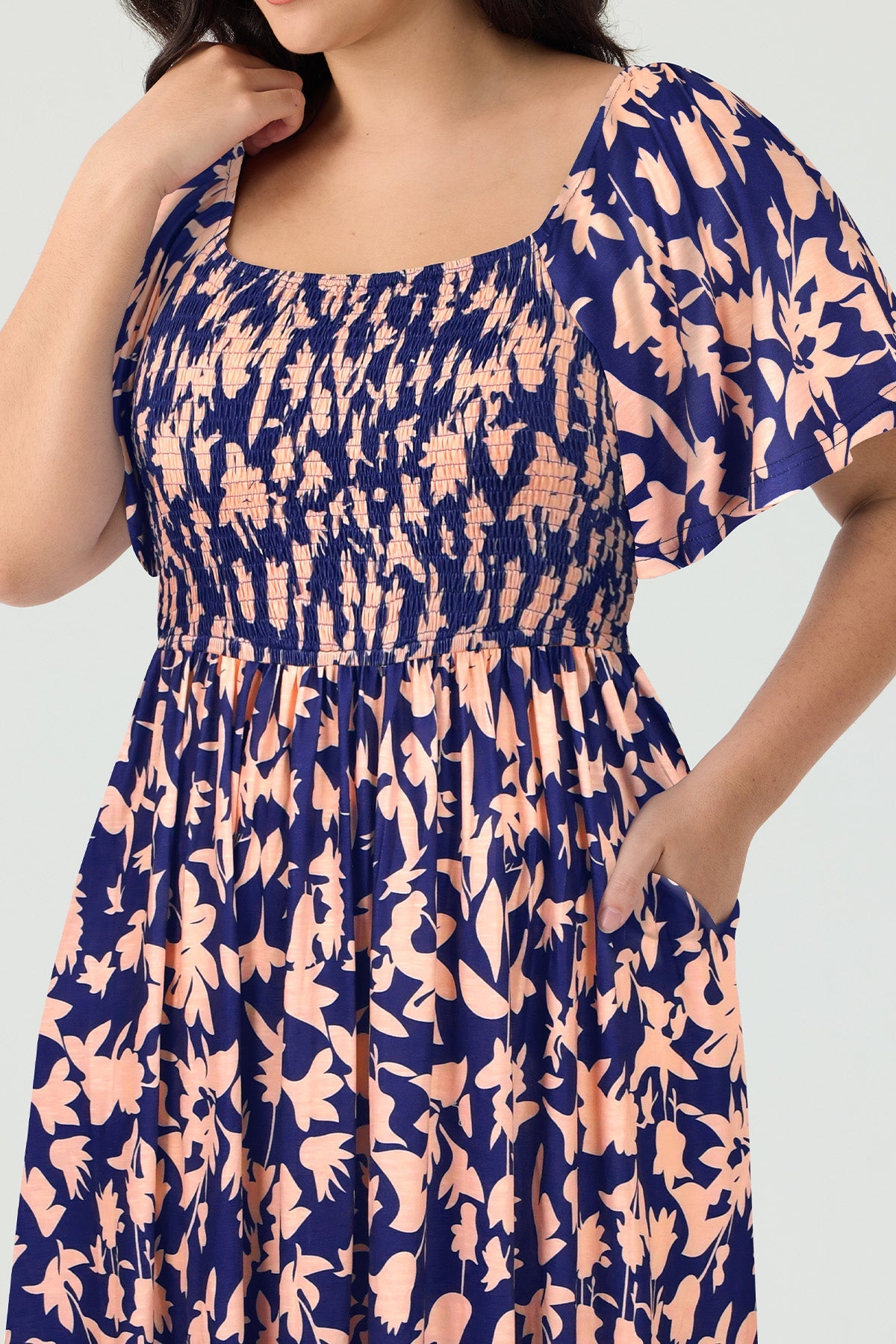 Pockets Elastic Square Neck Floral Midi Dress