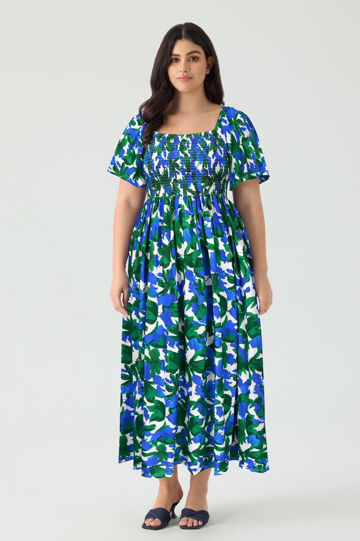 Pockets Elastic Square Neck Floral Midi Dress