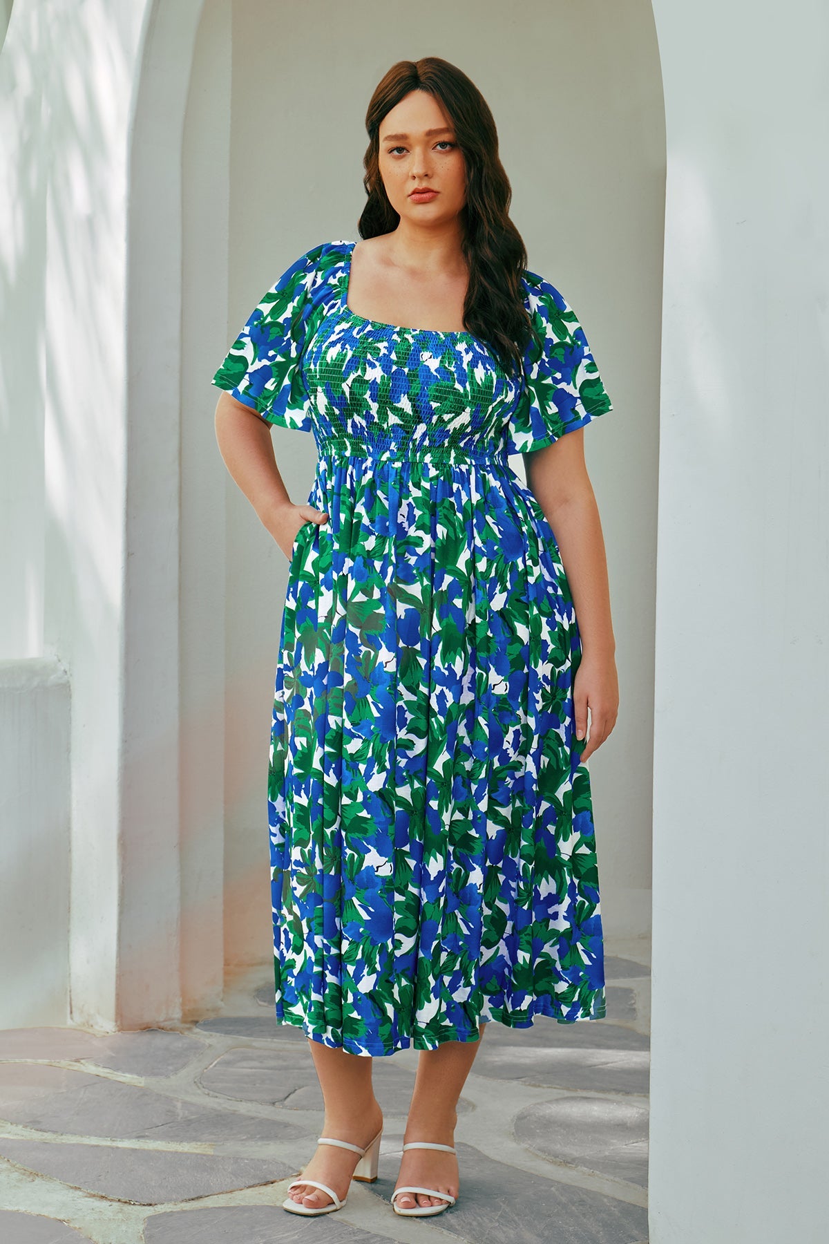 Pockets Elastic Square Neck Floral Midi Dress