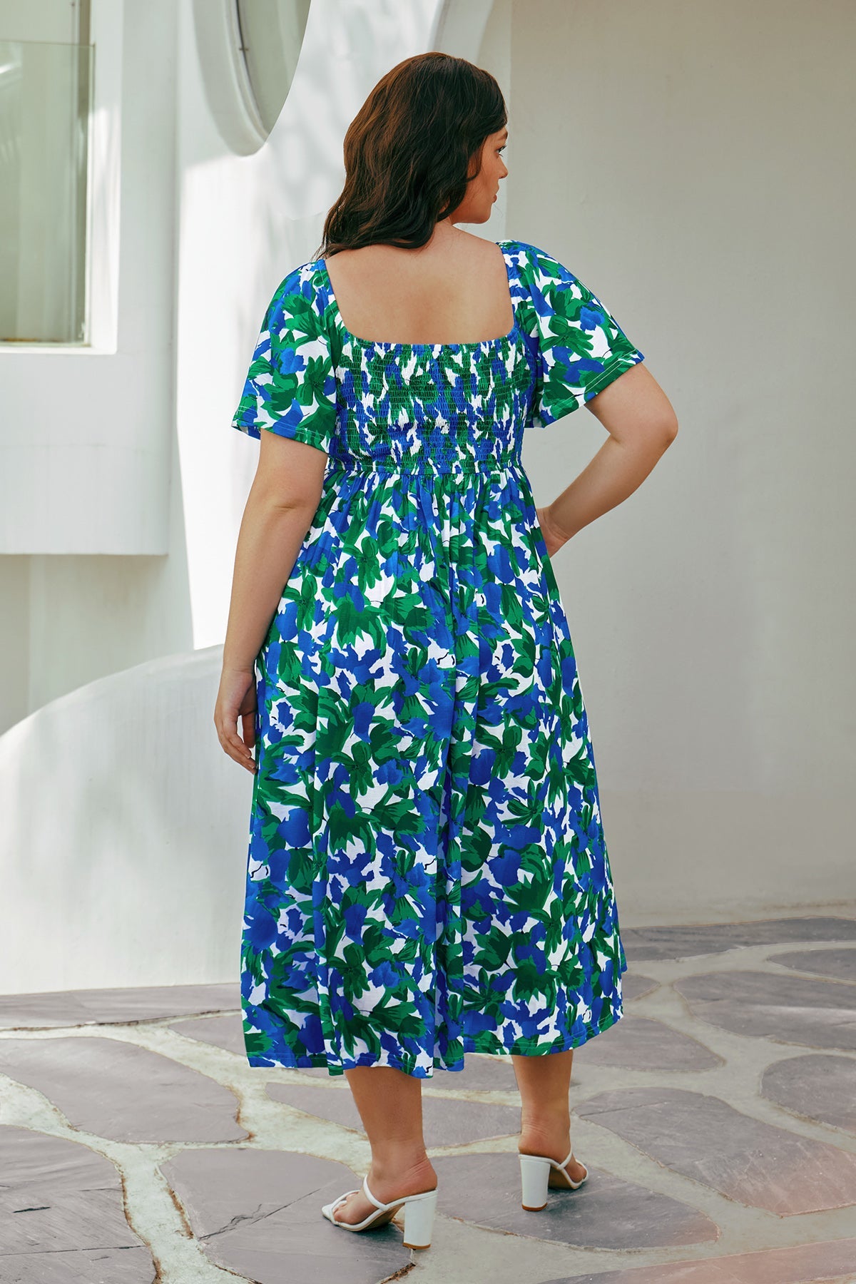 Pockets Elastic Square Neck Floral Midi Dress