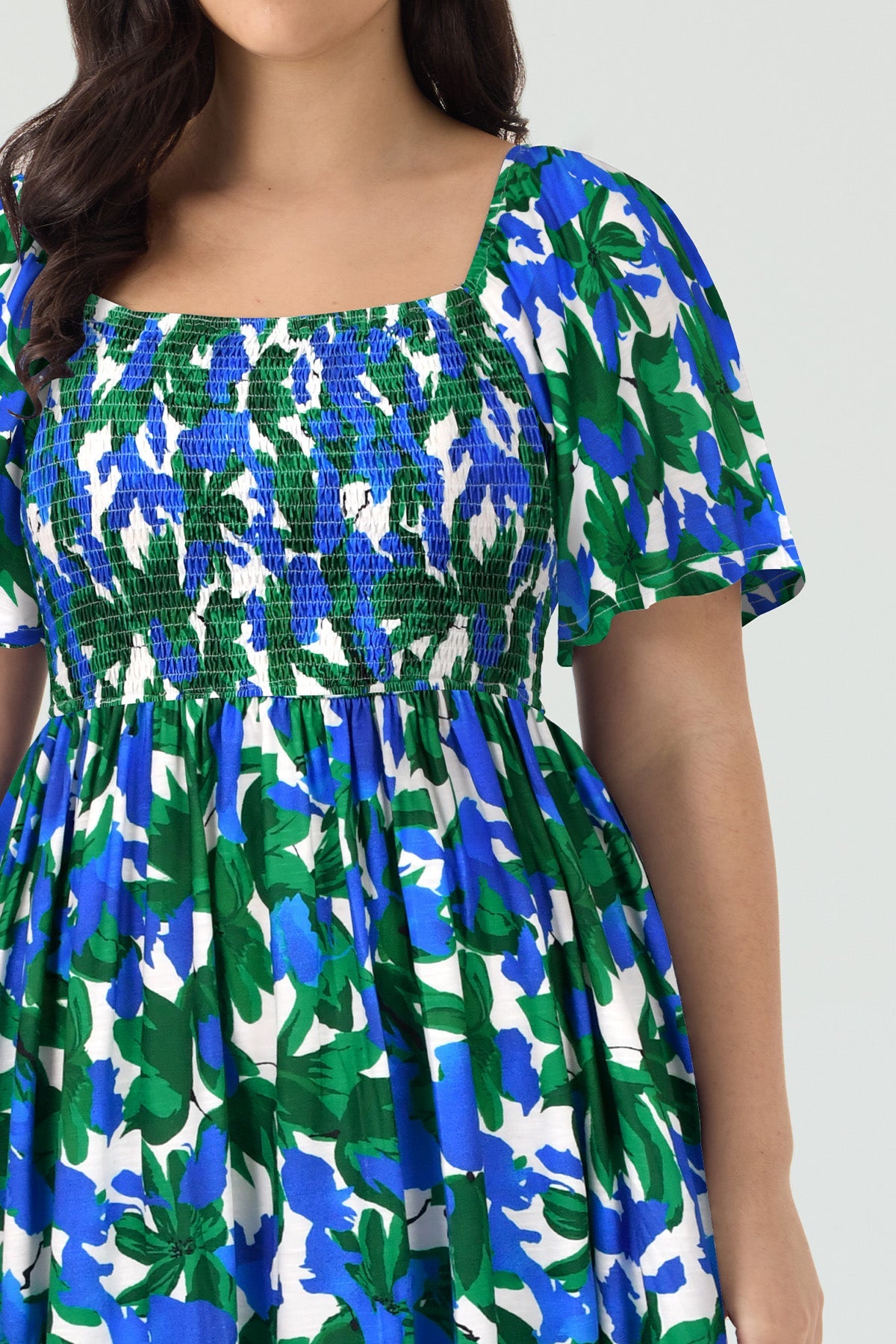 Pockets Elastic Square Neck Floral Midi Dress