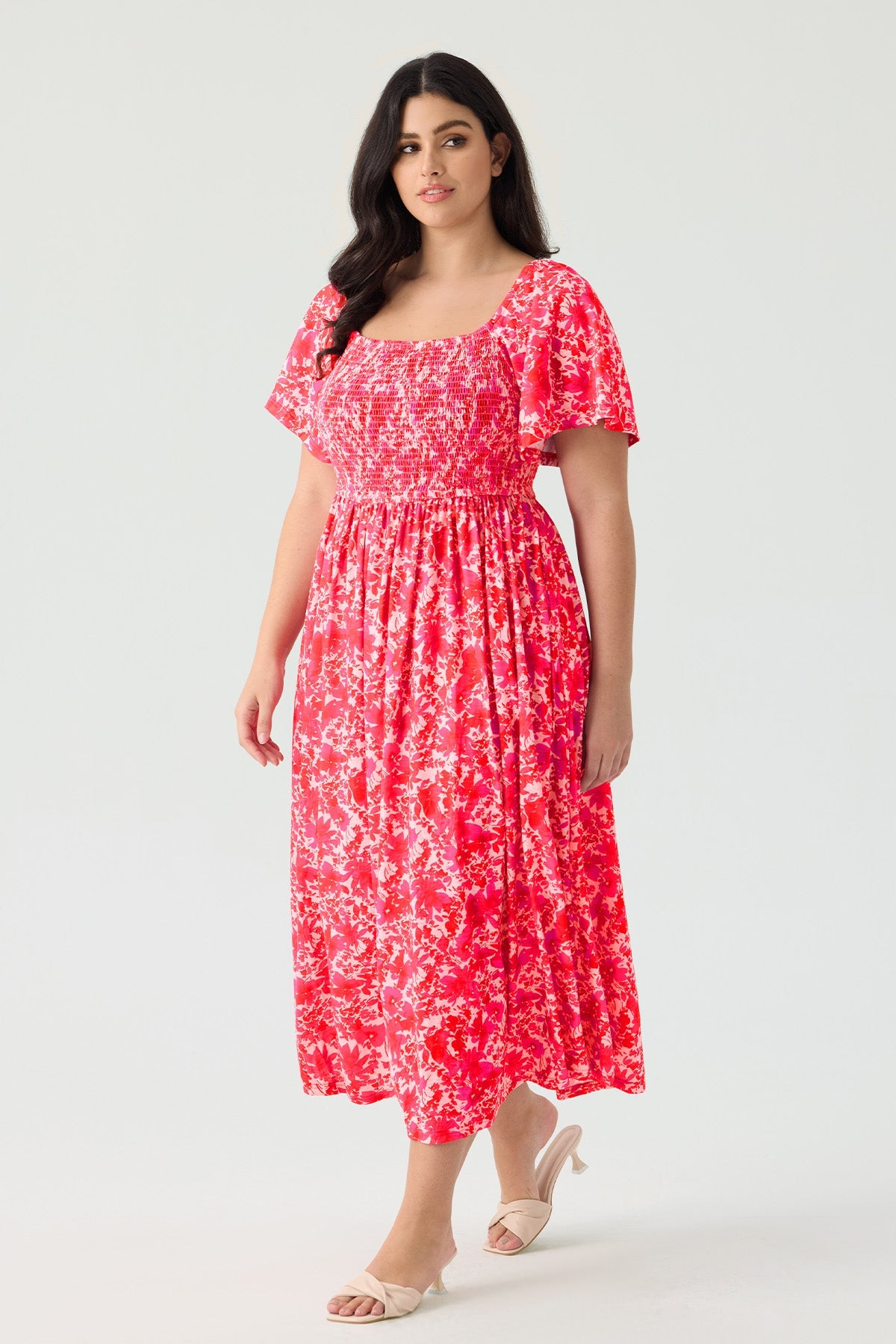 Pockets Elastic Square Neck Floral Midi Dress