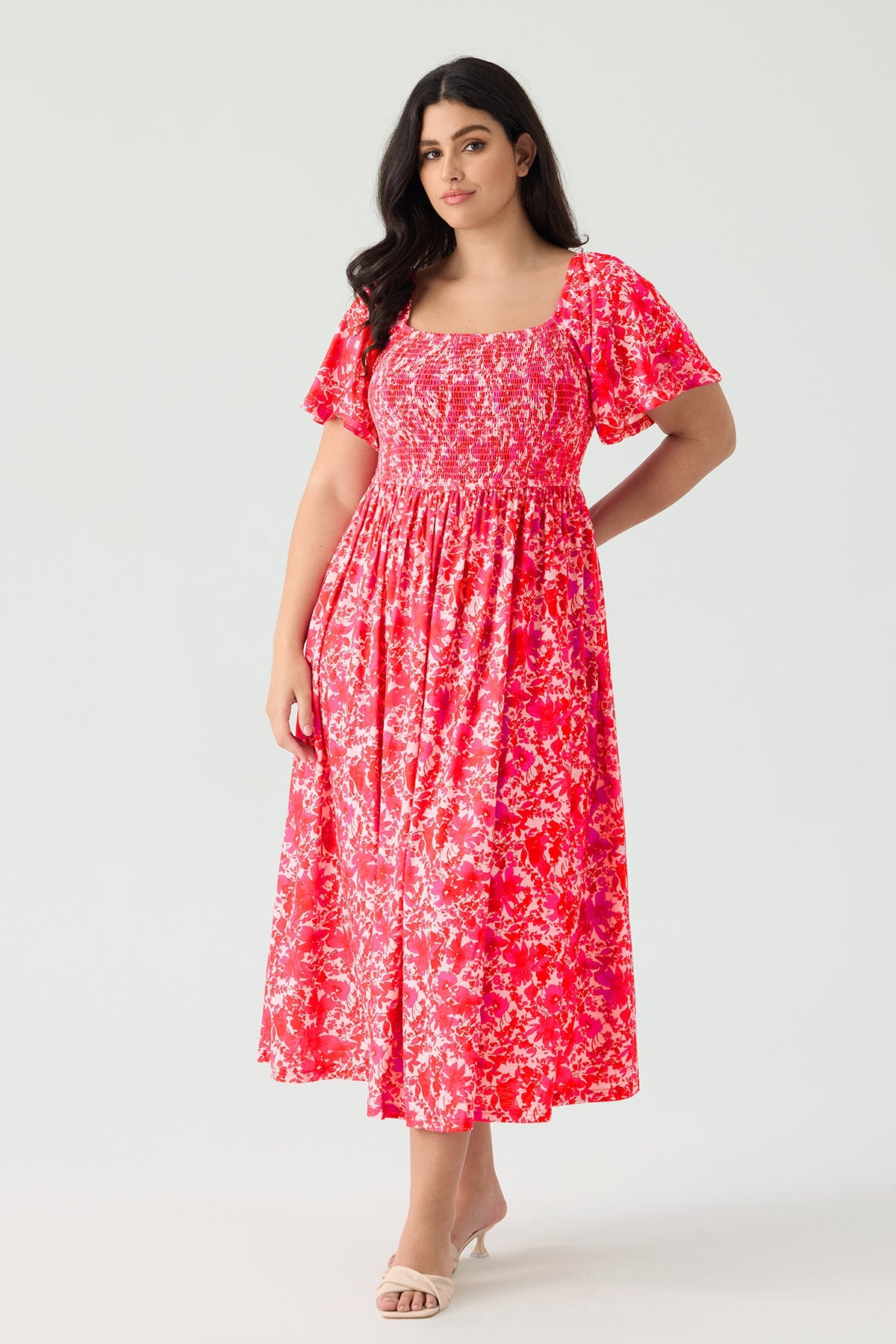 Pockets Elastic Square Neck Floral Midi Dress