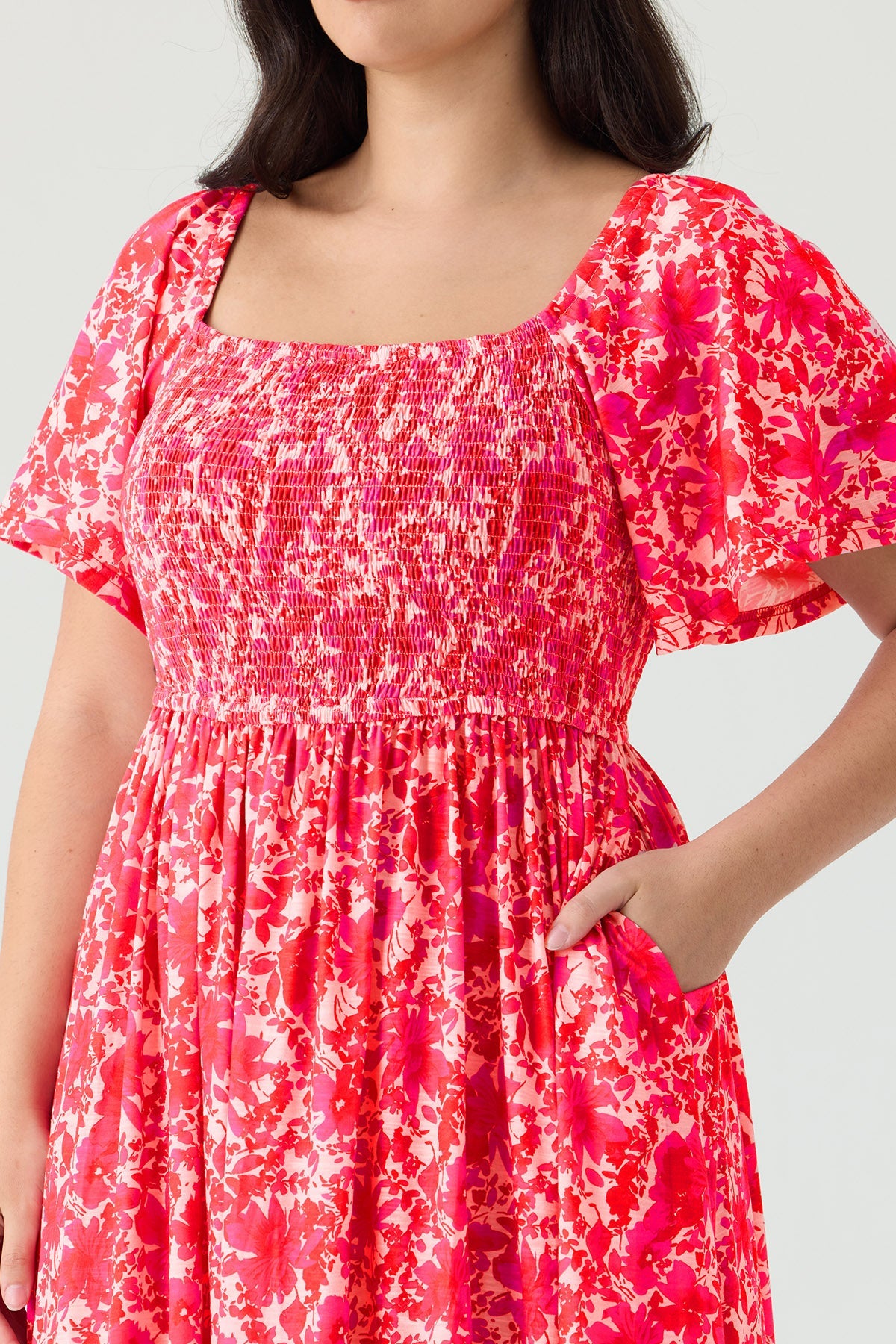 Pockets Elastic Square Neck Floral Midi Dress