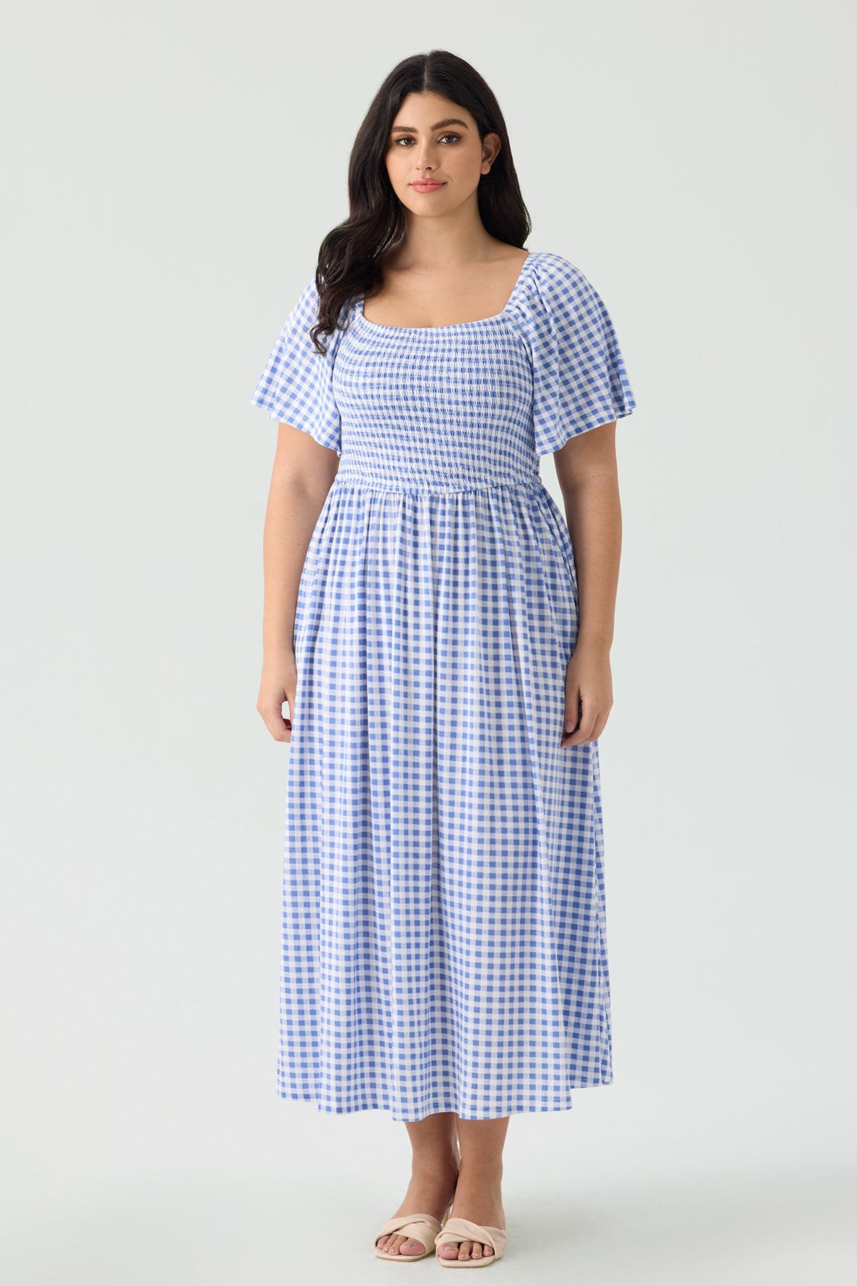 Pockets Elastic Square Neck Floral Midi Dress