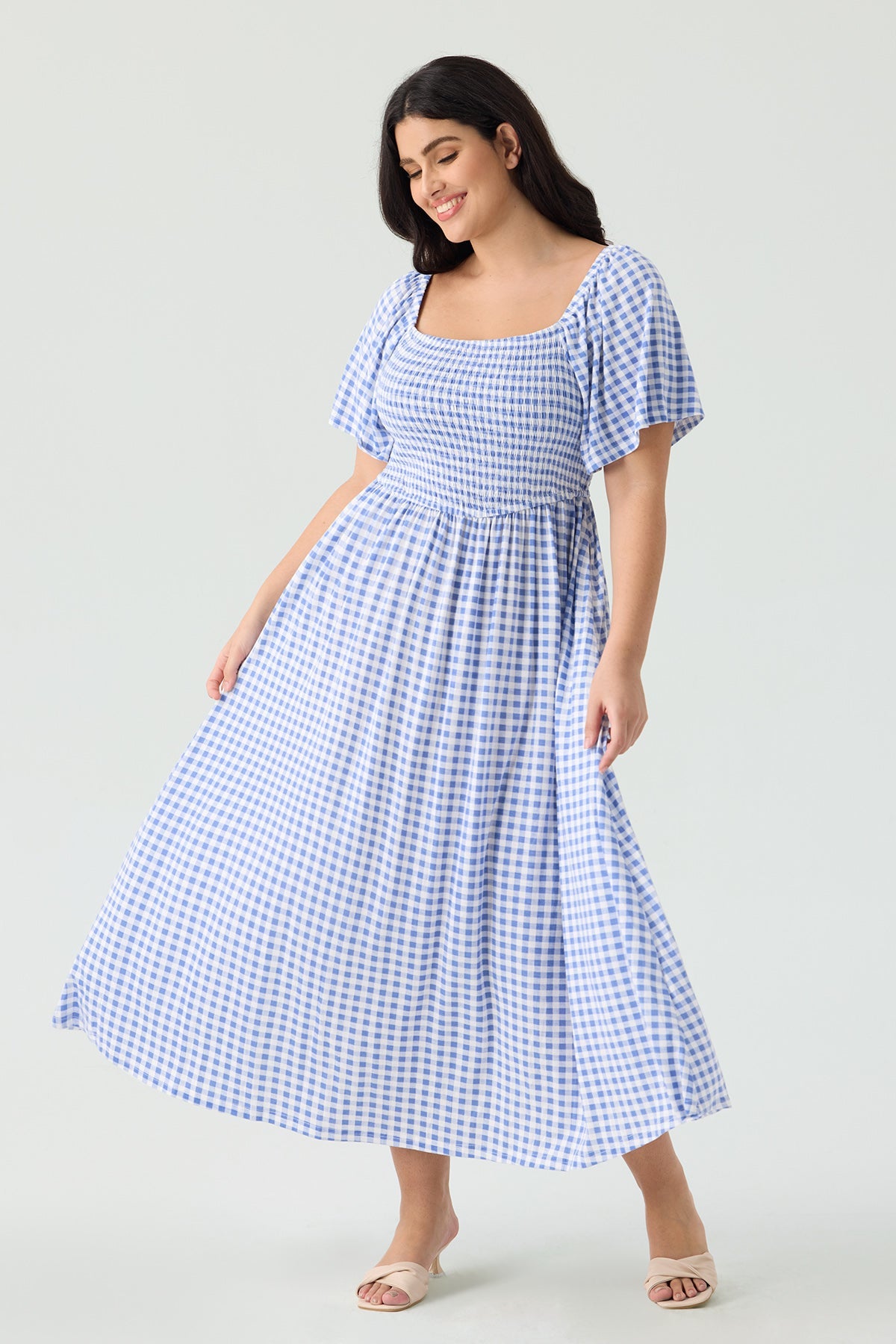 Pockets Elastic Square Neck Floral Midi Dress