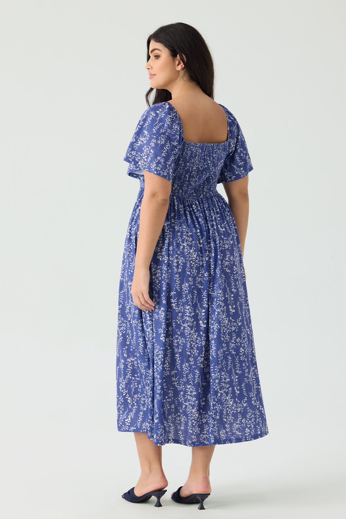 Pockets Elastic Square Neck Floral Midi Dress