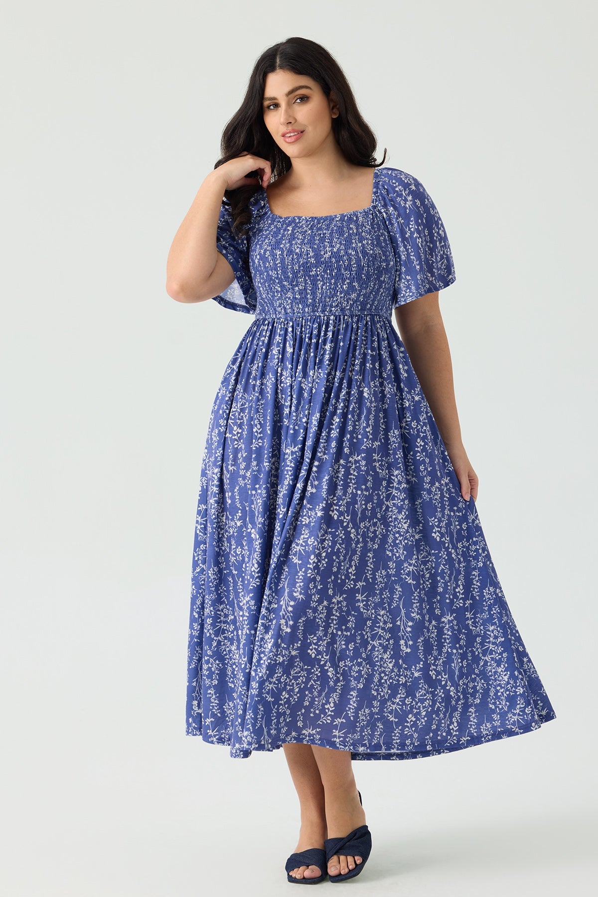 Pockets Elastic Square Neck Floral Midi Dress