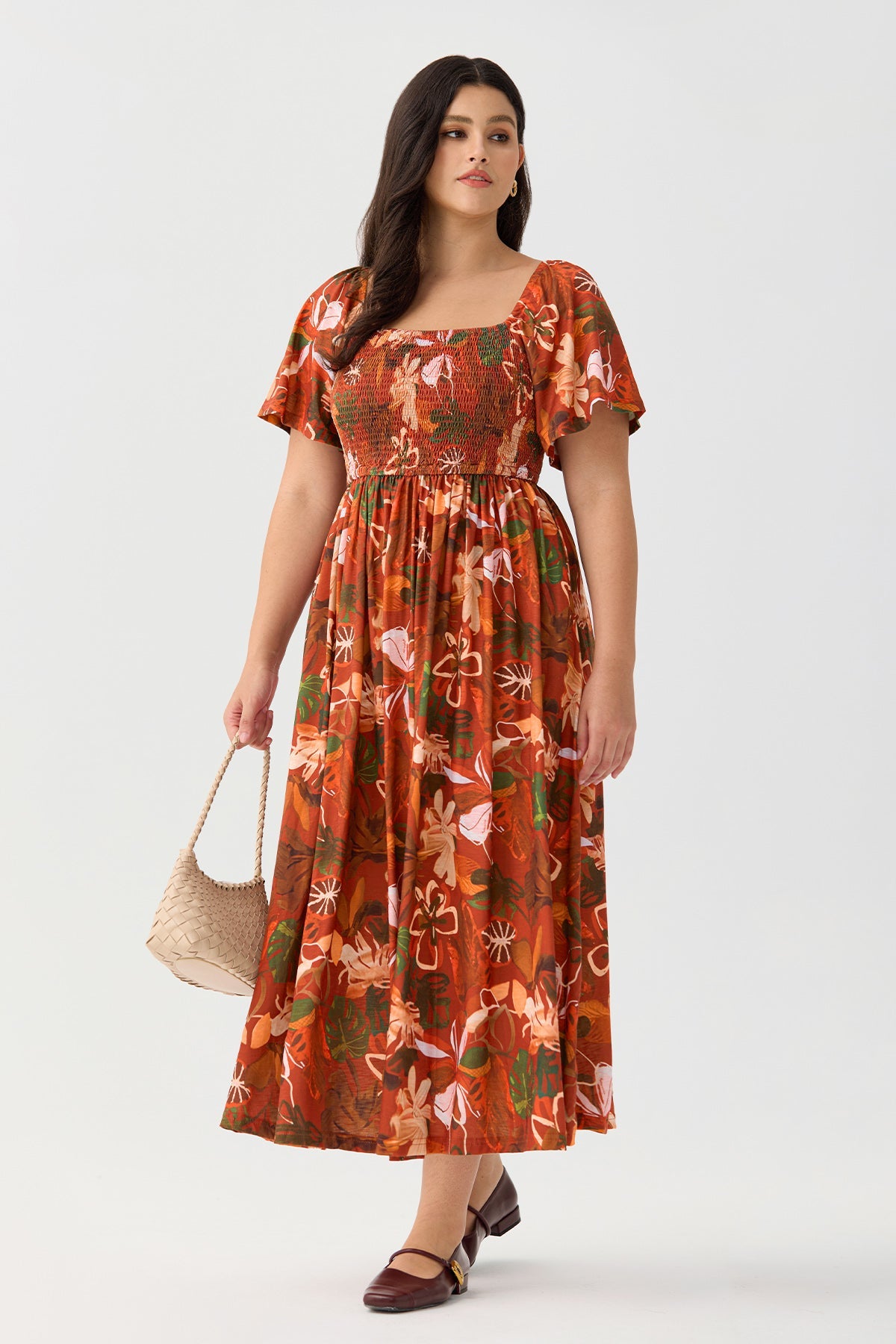 Square Neck Floral Print Smocked Waist Midi Dress