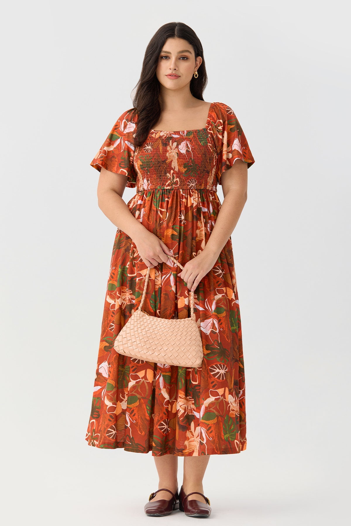 Square Neck Floral Print Smocked Waist Midi Dress