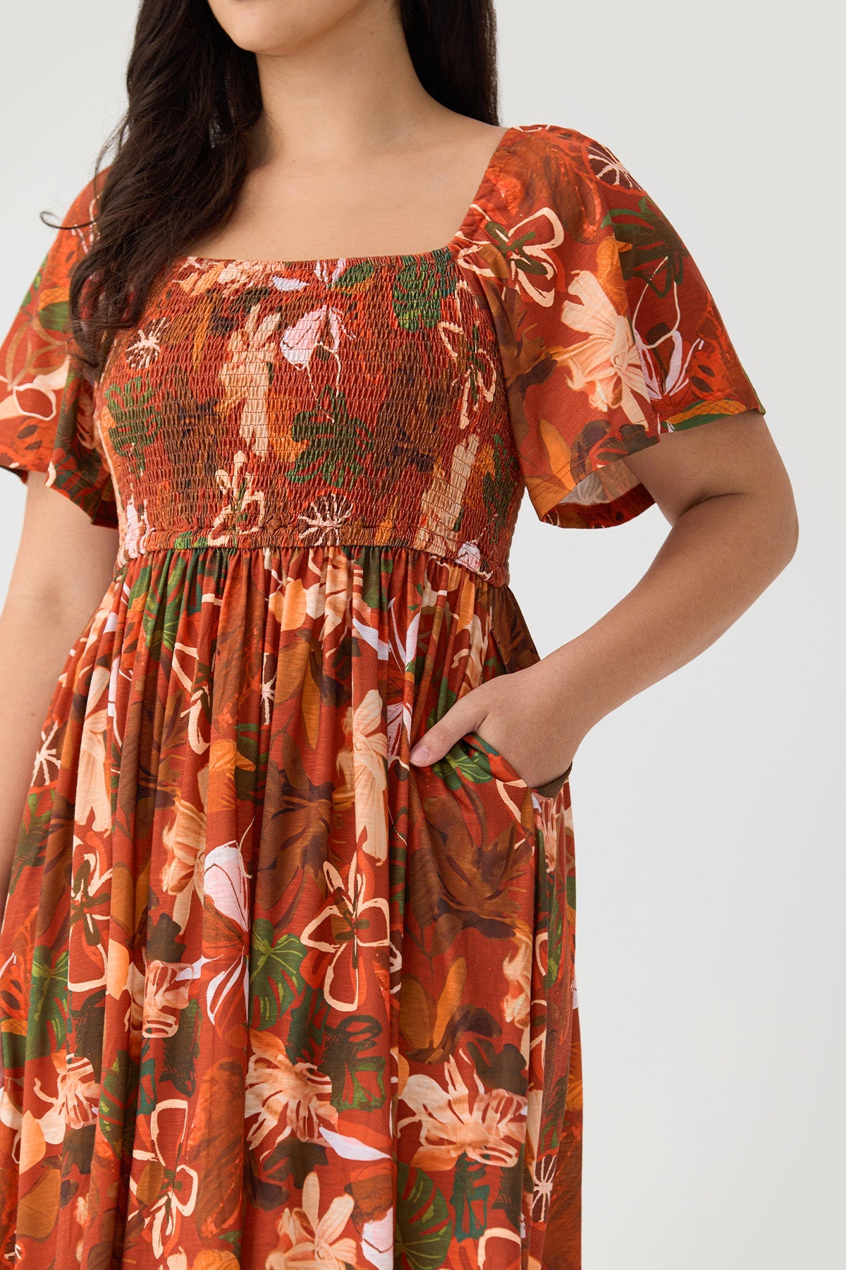 Square Neck Floral Print Smocked Waist Midi Dress
