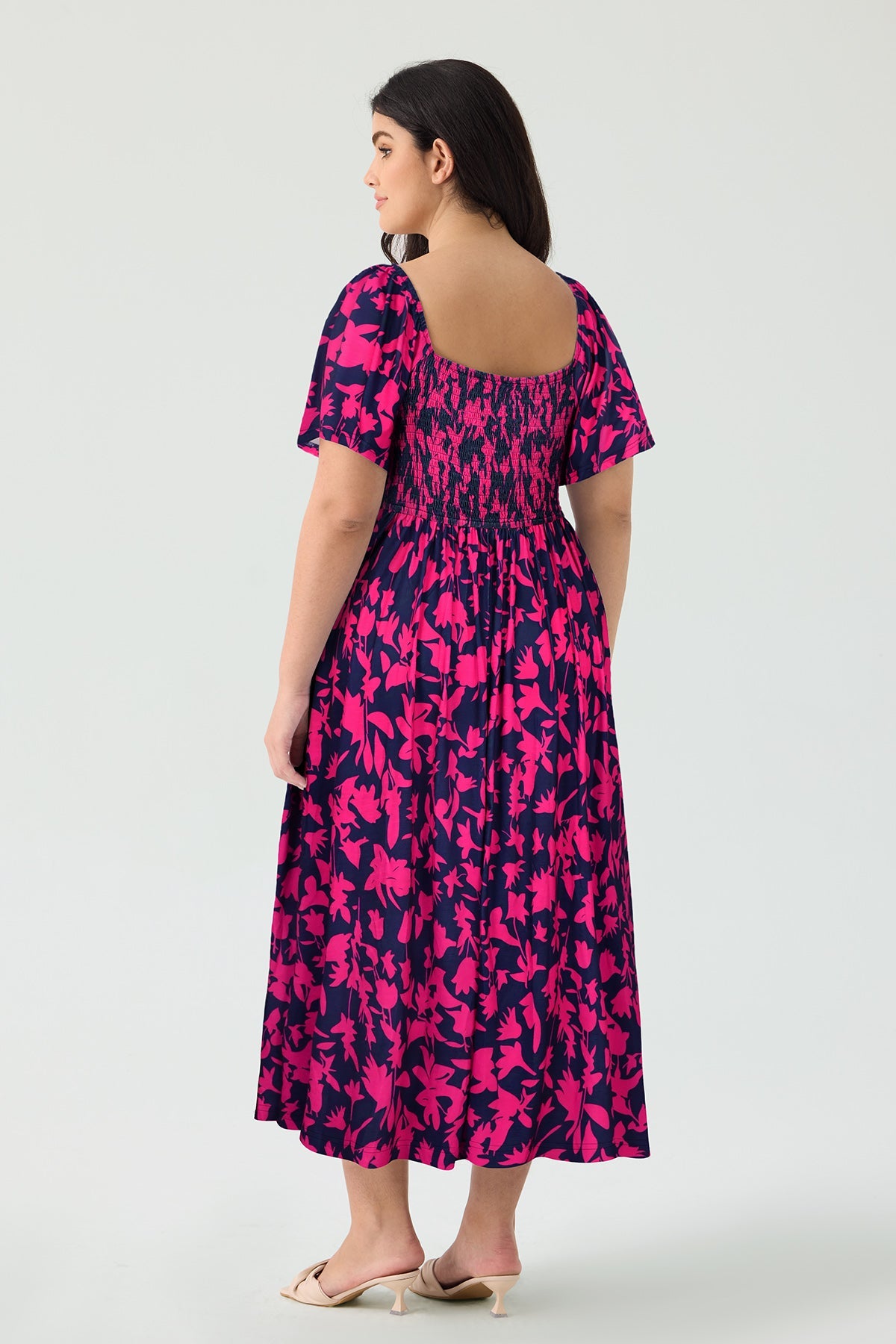 Pockets Elastic Square Neck Floral Midi Dress