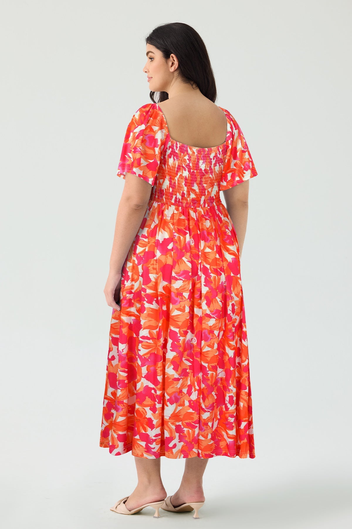 Pockets Elastic Square Neck Floral Midi Dress