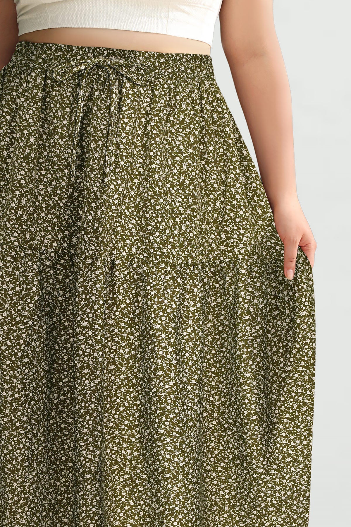 Ritera Pockets Drawstring Speckled Print A-Line Midi Skirt