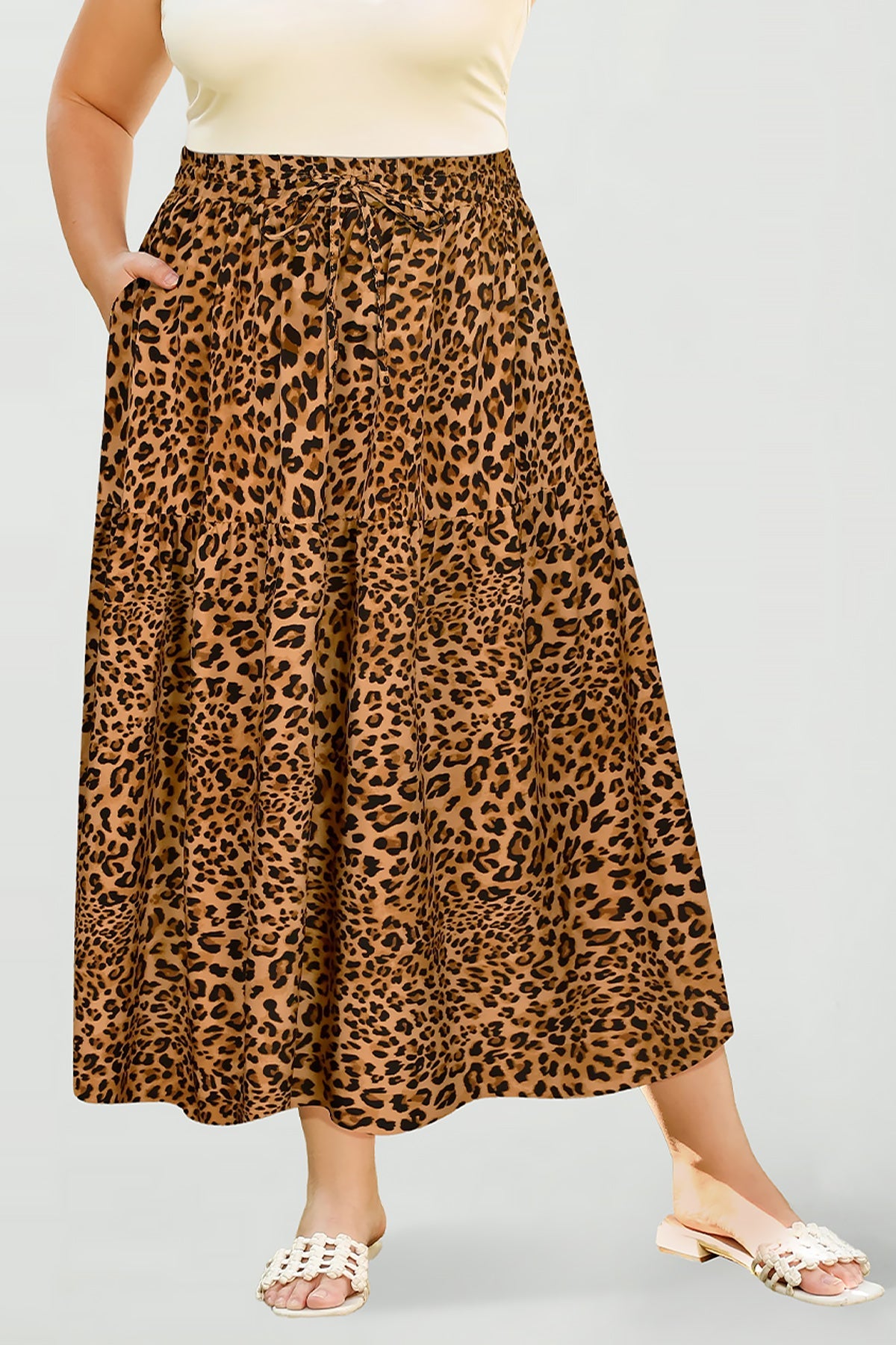 Ritera Pockets Drawstring Speckled Print A-Line Midi Skirt