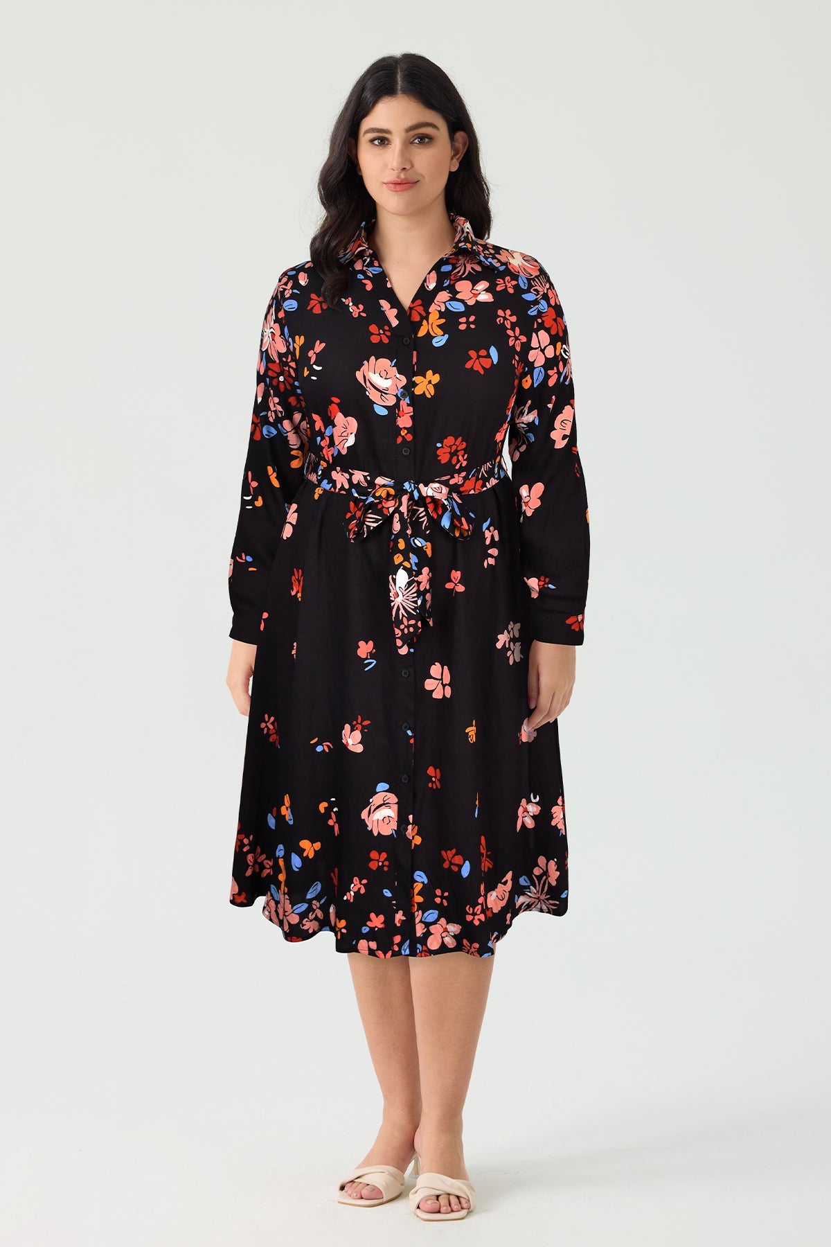 Ritera Pocket Floral Button Front Midi Dress with Tie Waist Belt
