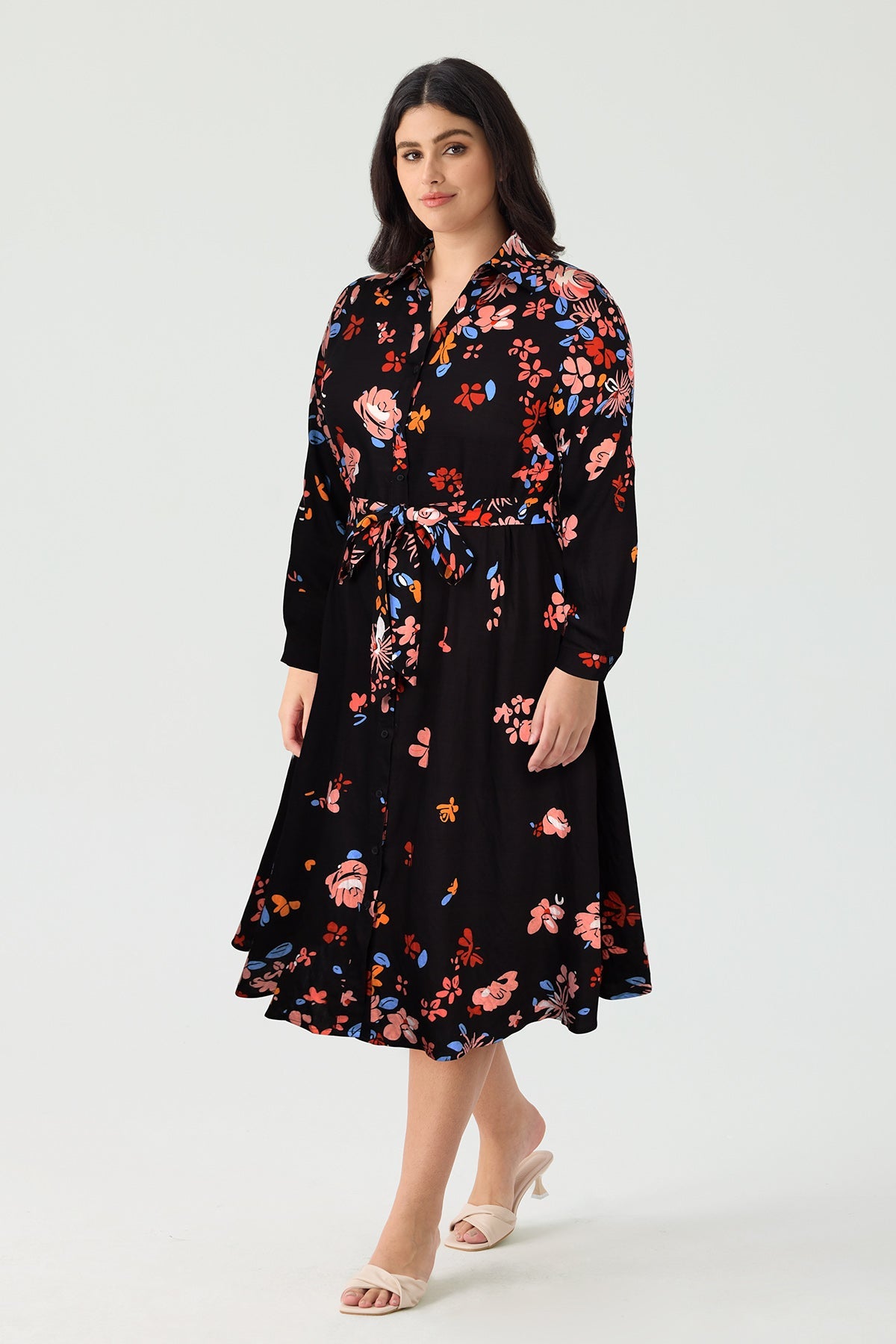 Ritera Pocket Floral Button Front Midi Dress with Tie Waist Belt