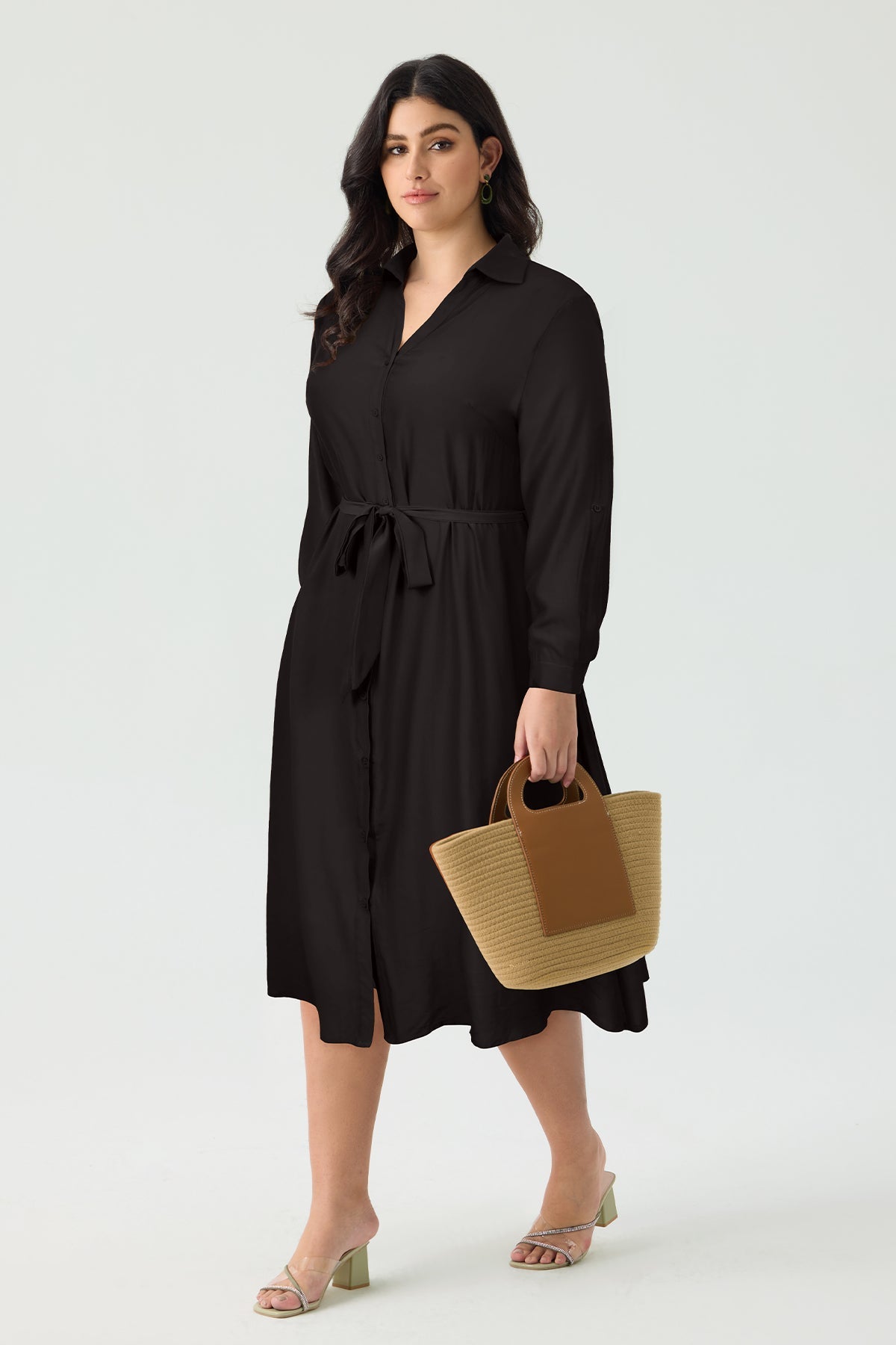 Ritera Pocket Plain Button Front Midi Dress with Tie Waist Belt