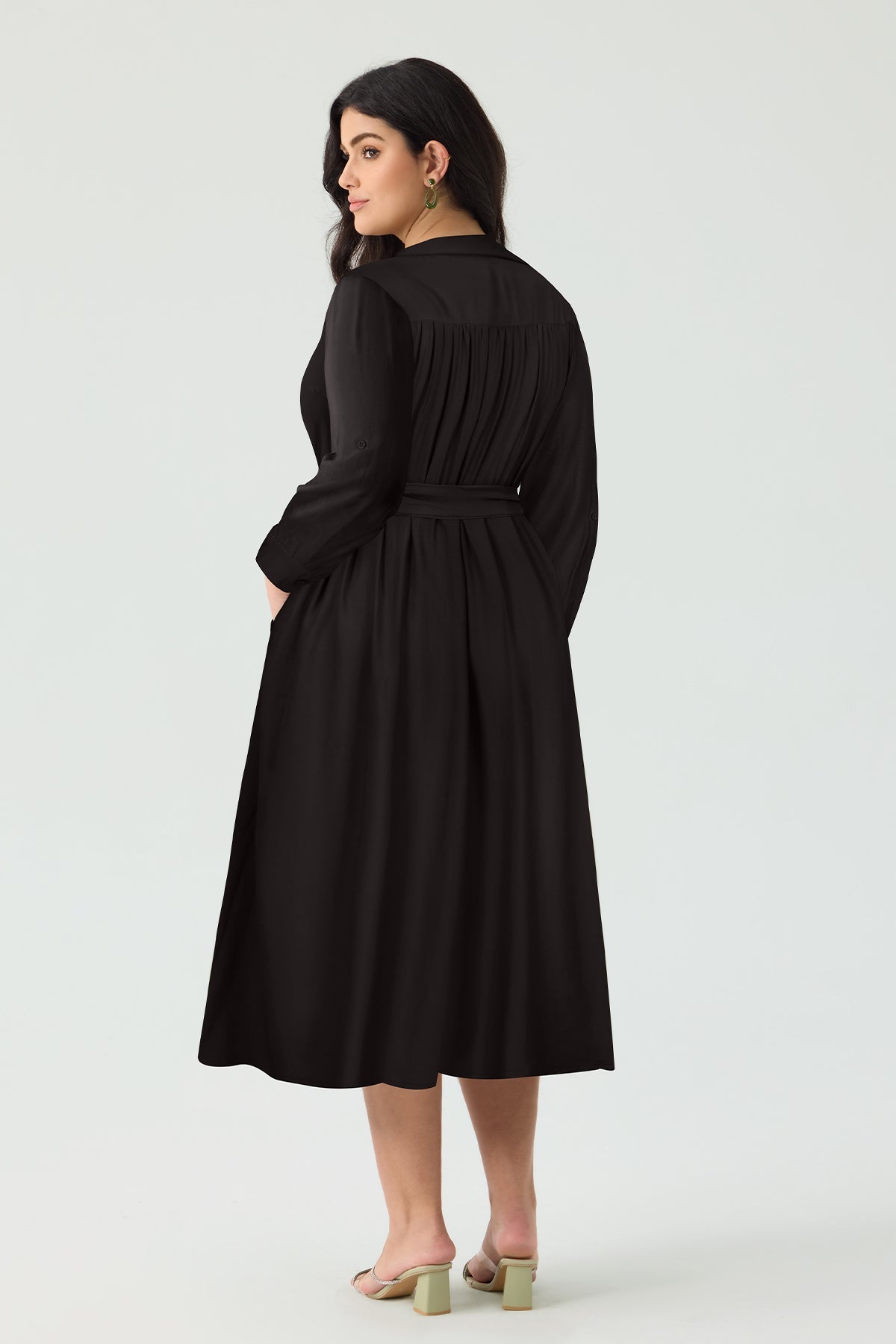 Ritera Pocket Plain Button Front Midi Dress with Tie Waist Belt