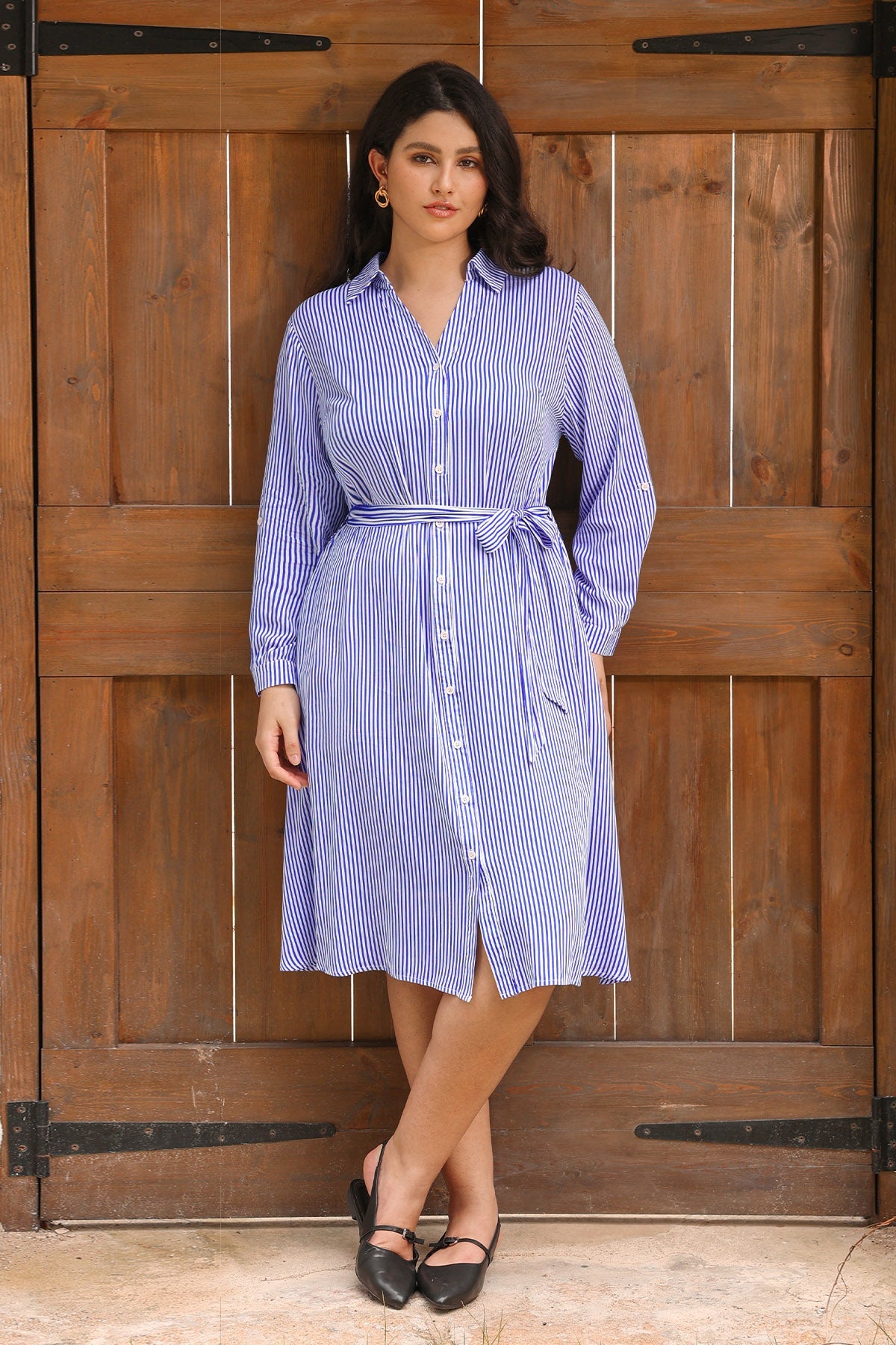 Ritera Pocket Floral Button Front Midi Dress with Tie Waist Belt