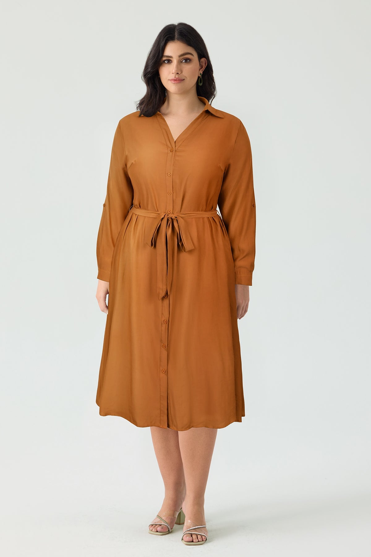 Ritera Pocket Plain Button Front Midi Dress with Tie Waist Belt