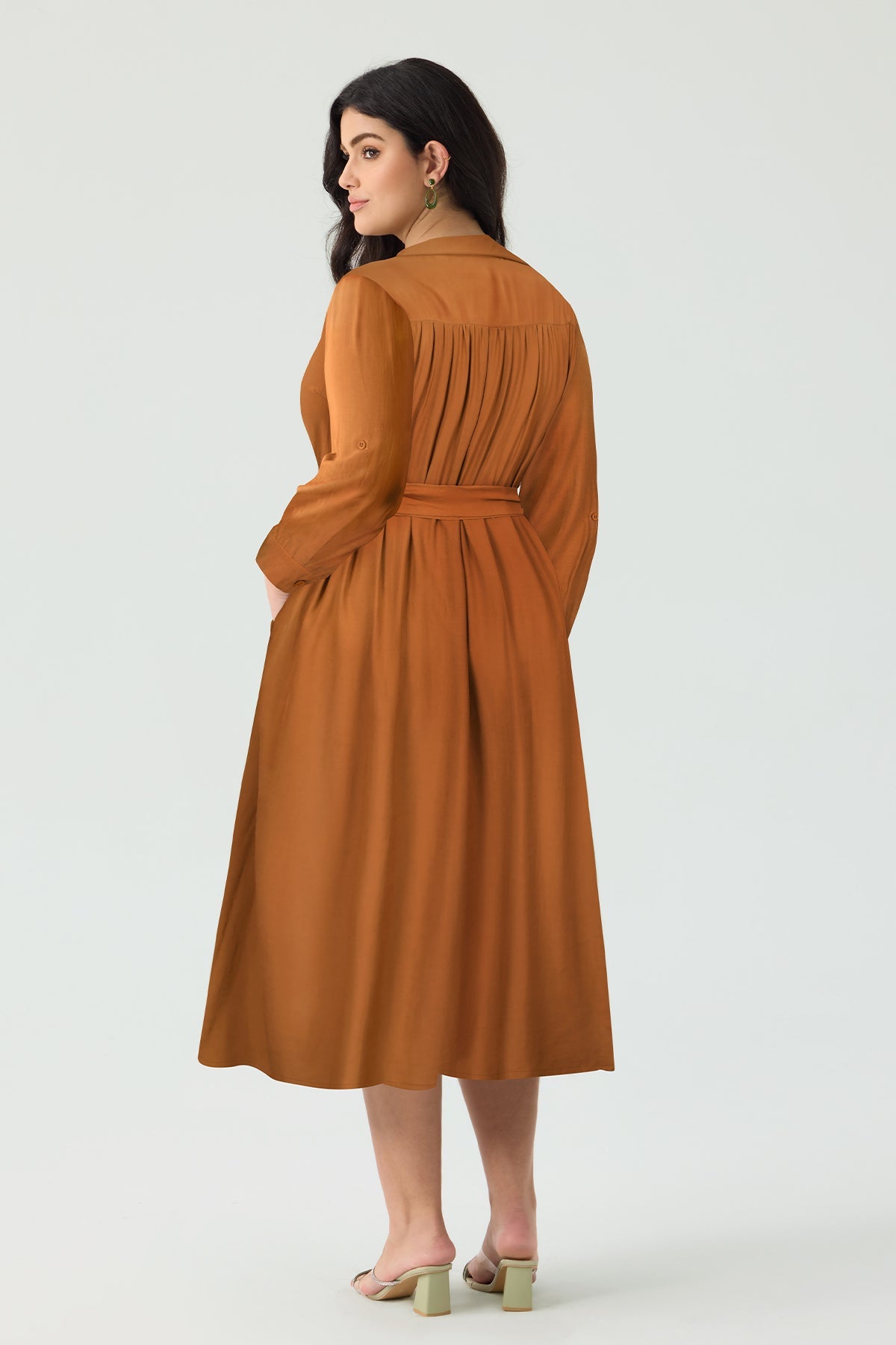 Ritera Pocket Plain Button Front Midi Dress with Tie Waist Belt