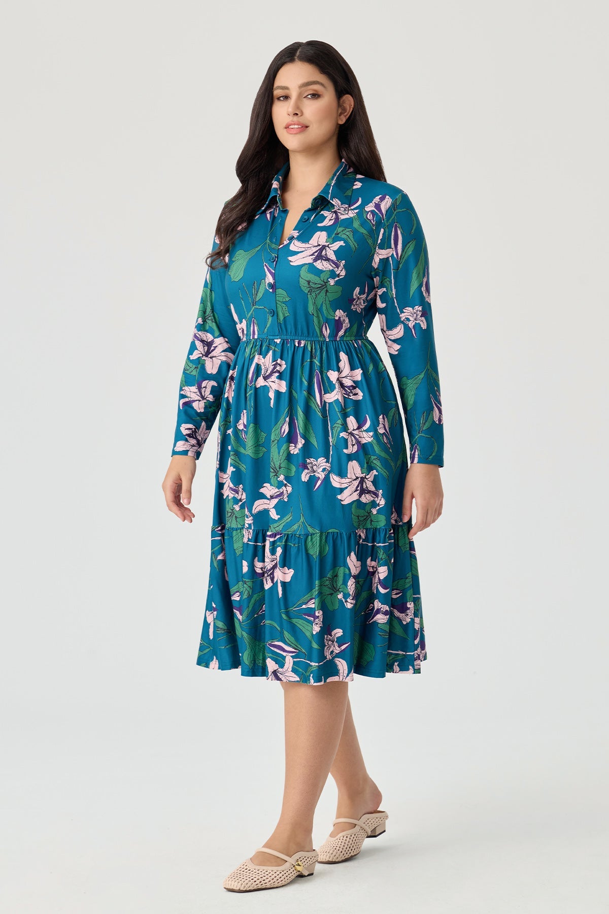 Floral Print Shirt Collar Long Sleeve Tiered Midi Dress