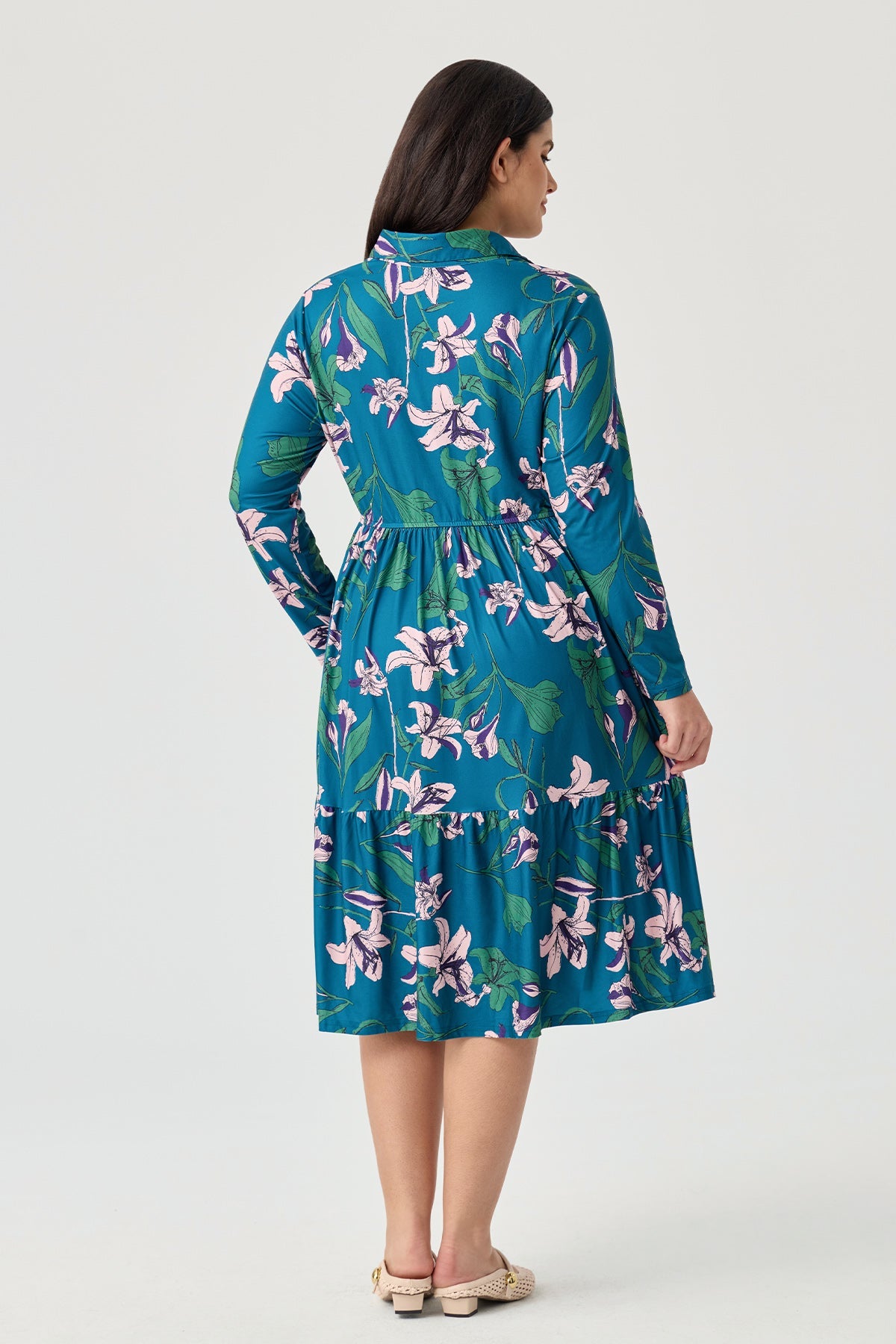 Floral Print Shirt Collar Long Sleeve Tiered Midi Dress