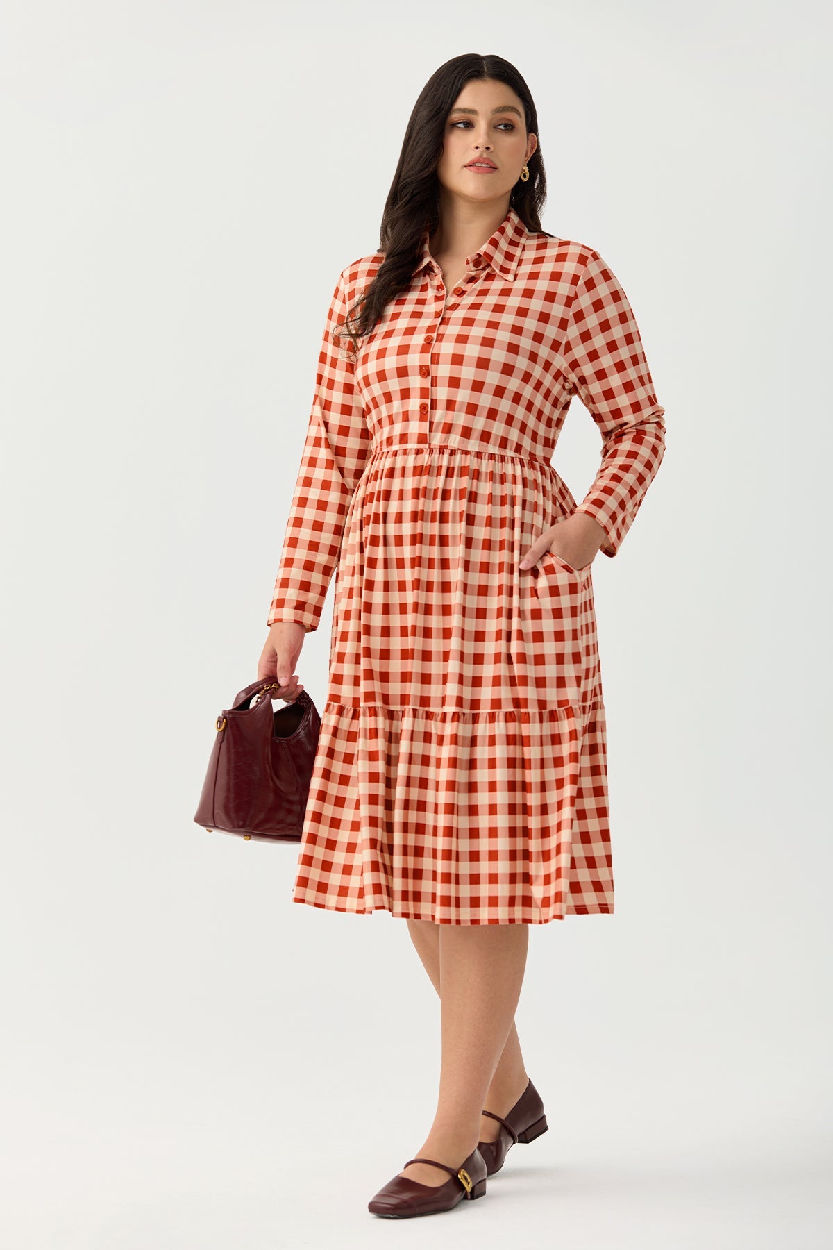 Ritera Pockets Gingham Check Print Tiered Midi Dress