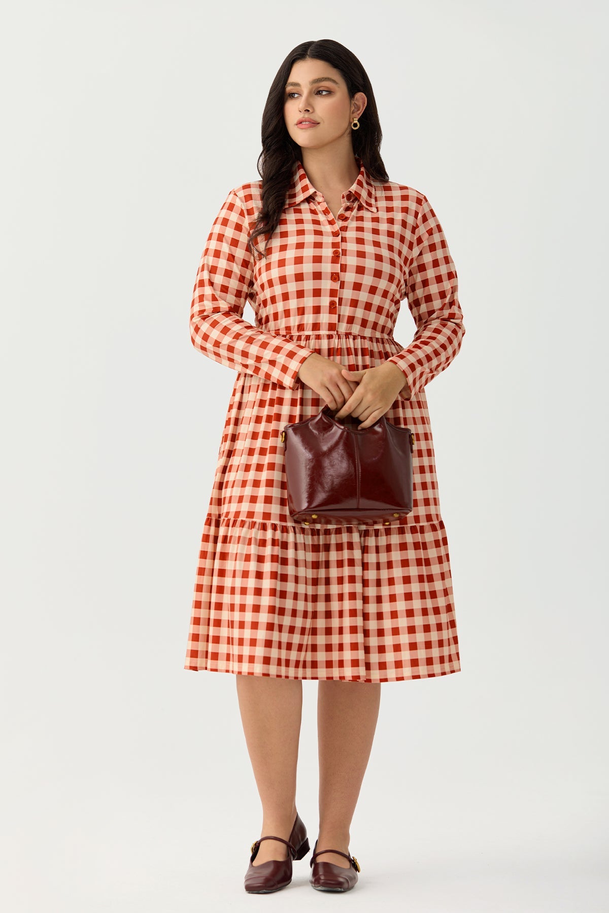 Ritera Pockets Gingham Check Print Tiered Midi Dress