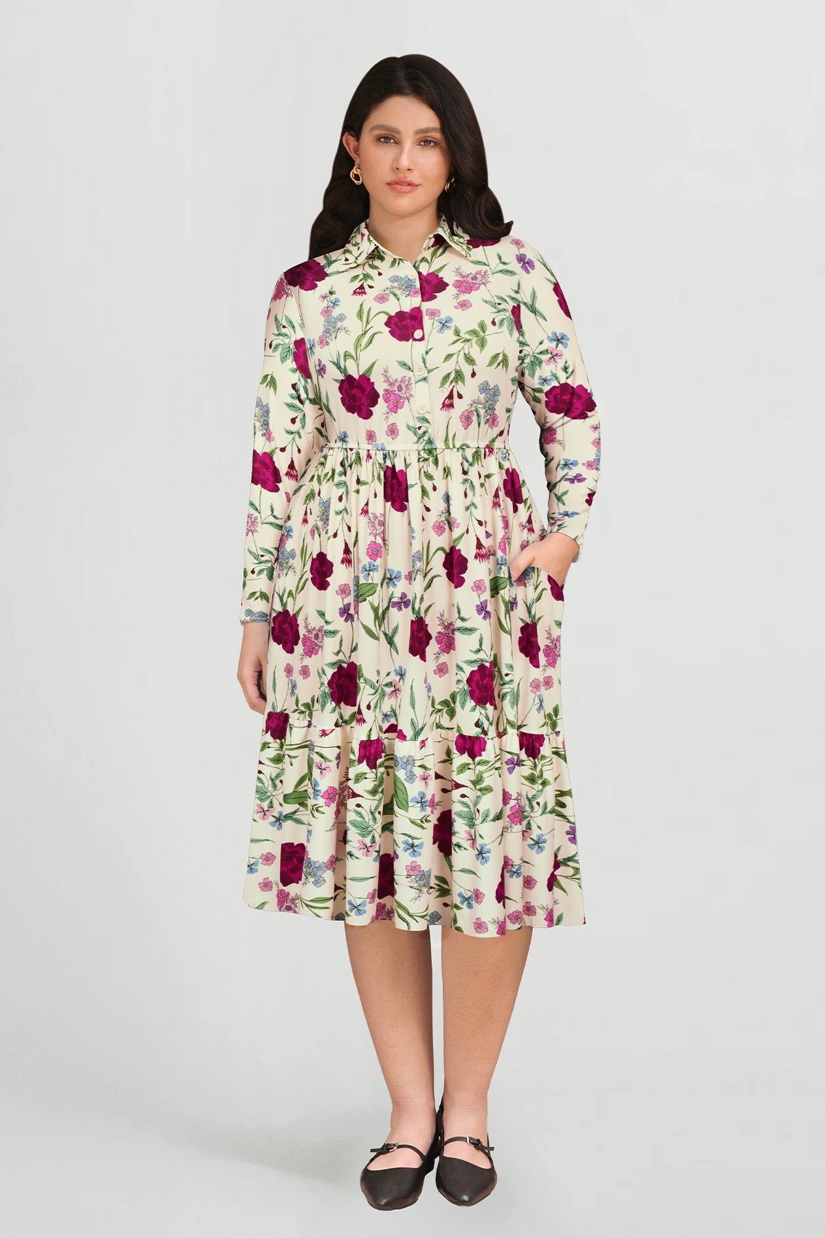 Ritera Pockets Vibrant Floral Tiered Midi Shirtdress