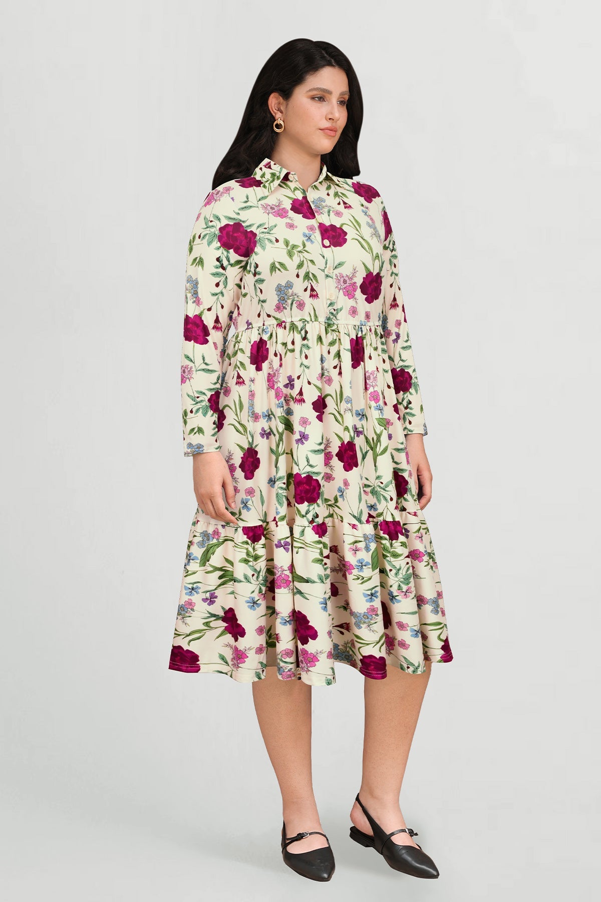Ritera Pockets Vibrant Floral Tiered Midi Shirtdress